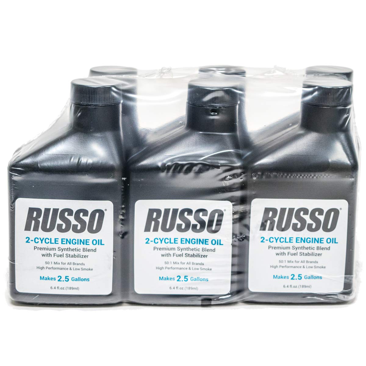 Russo Synthetic Blend 2-Cycle Oil 6.4 Oz (Case of 48 Bottles) - 50:1 Mix Ratio for 2.5 Gallon - Premium Engine Lubricant for Chainsaws, Lawn Mowers & Outdoor Power Equipment