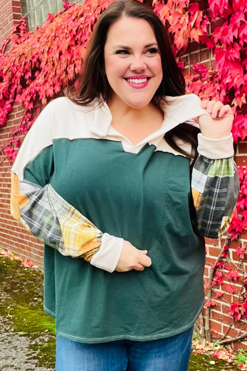 Fall For You Hunter Green Plaid Color Block Collared Terry Top - Women's Fashion Long Sleeve Shirt for Autumn Outfits, Casual Wear & Layering