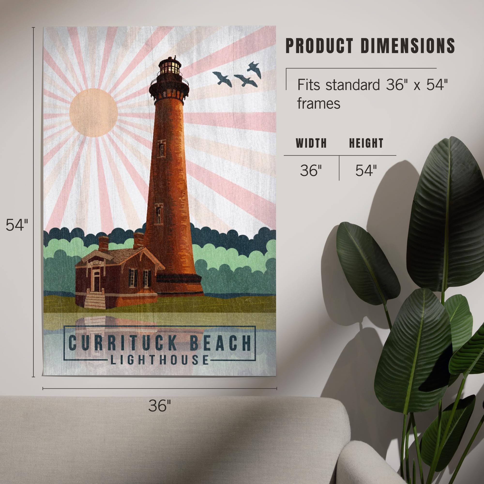 Lantern Press 36x54 Inch Giclee Art Print - Outer Banks North Carolina Coastal Wall Decor with Currituck Beach Lighthouse Design | Geometric Opacity Press Style | Perfect for Living Room, Bedroom or Office Decoration