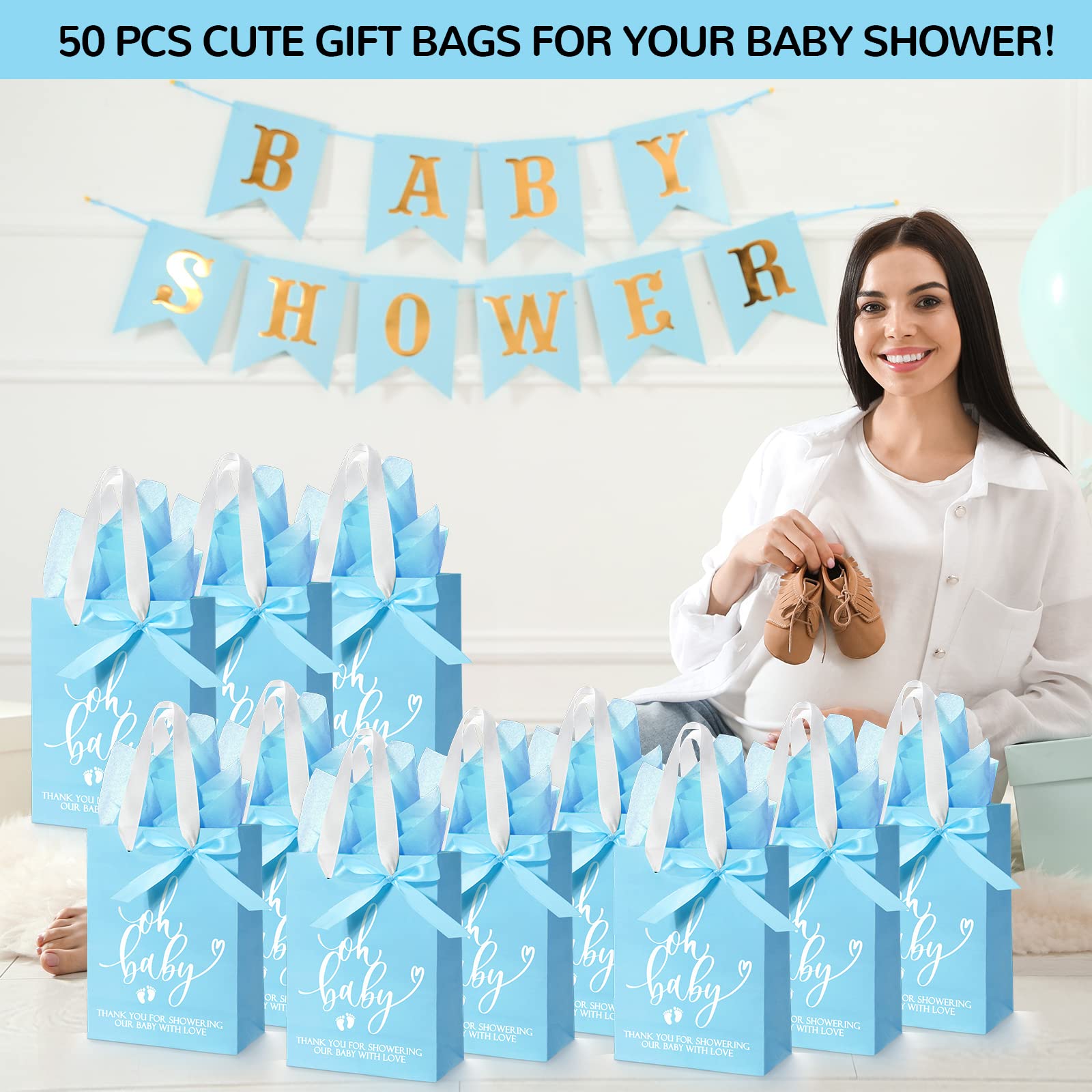 PerKoop 50 Pack Baby Shower Favor Bags with Handles - Bulk Blue Gift Bags for Guests, Includes 50 Sheets Decorative Tissue Paper - Perfect for Baby Showers, Gender Reveal Parties & Newborn Celebrations