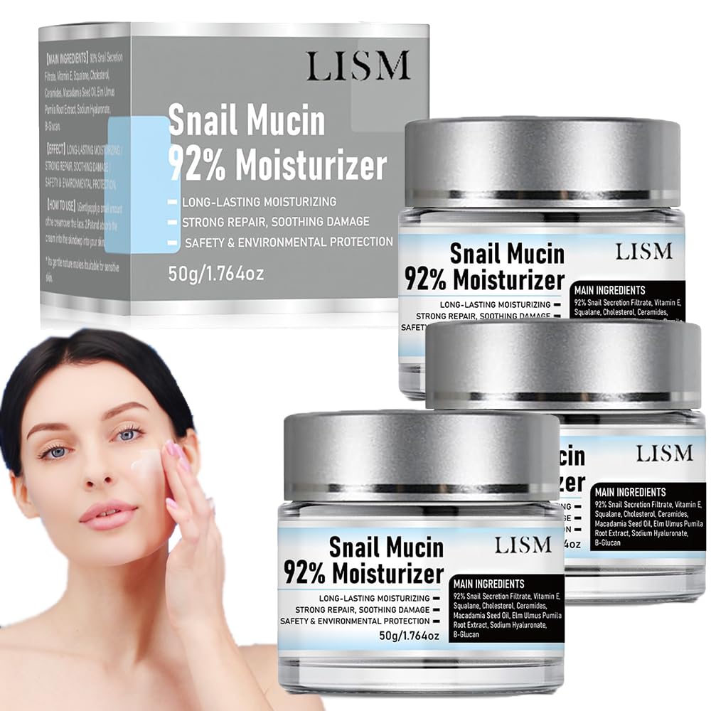 Lism 92% Snail Mucin Moisturizing Face Gel Cream - Original Snail Mucin Repair Cream with Vitamin C for Dry & Sensitive Skin - Hydrating Daily Facial Care (3PCS) - Perfect for Night Routine & Post-Sun Care