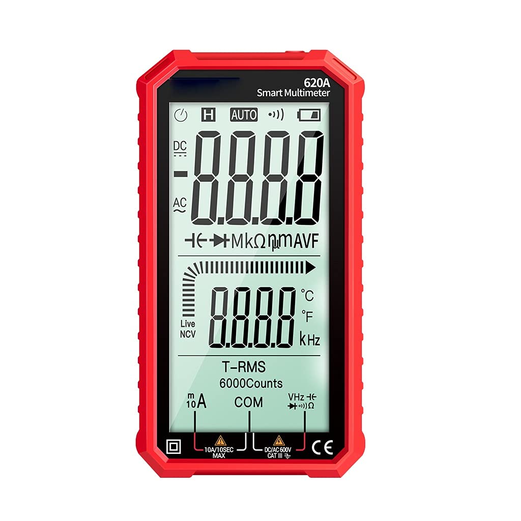 620A Digital Smart Multimeter - 6000 Counts True RMS Auto-Ranging Multimeter with Transistor Tester, Electrical Capacitance, Temperature & Resistance Measurement (Red) - Perfect for Electricians, DIY Home Repairs & Automotive Diagnostics