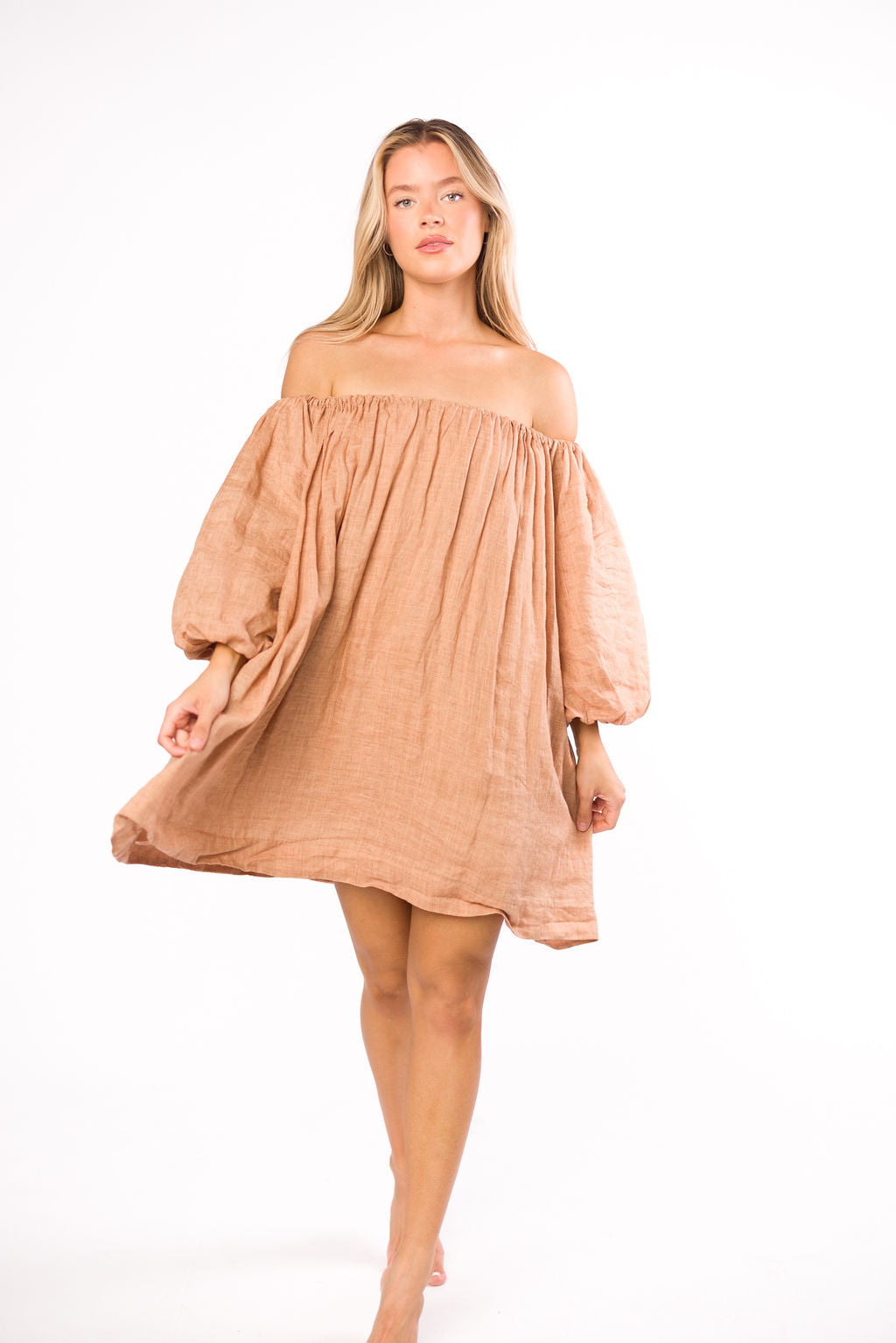 Cassidy 100% Linen Off Shoulder Mini Dress - Women's Summer Boho Dress in Mocha Brown | Beach Wedding, Vacation, Date Night Outfit