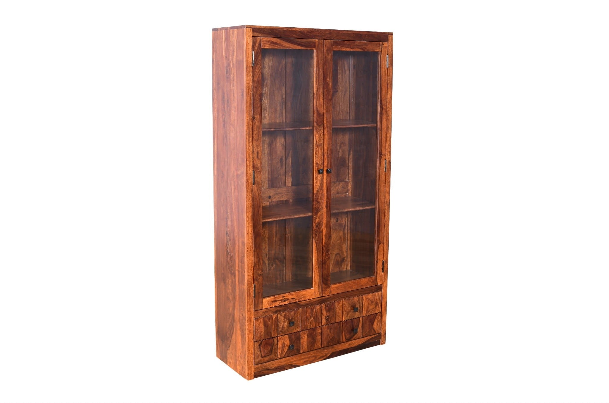 Handcrafted Diamond Indian Sheesham Solid Wood Display Cabinet with Tempered Glass - 100x40x195cm - Premium Home Decor for Living Room, Dining Room & Office Storage