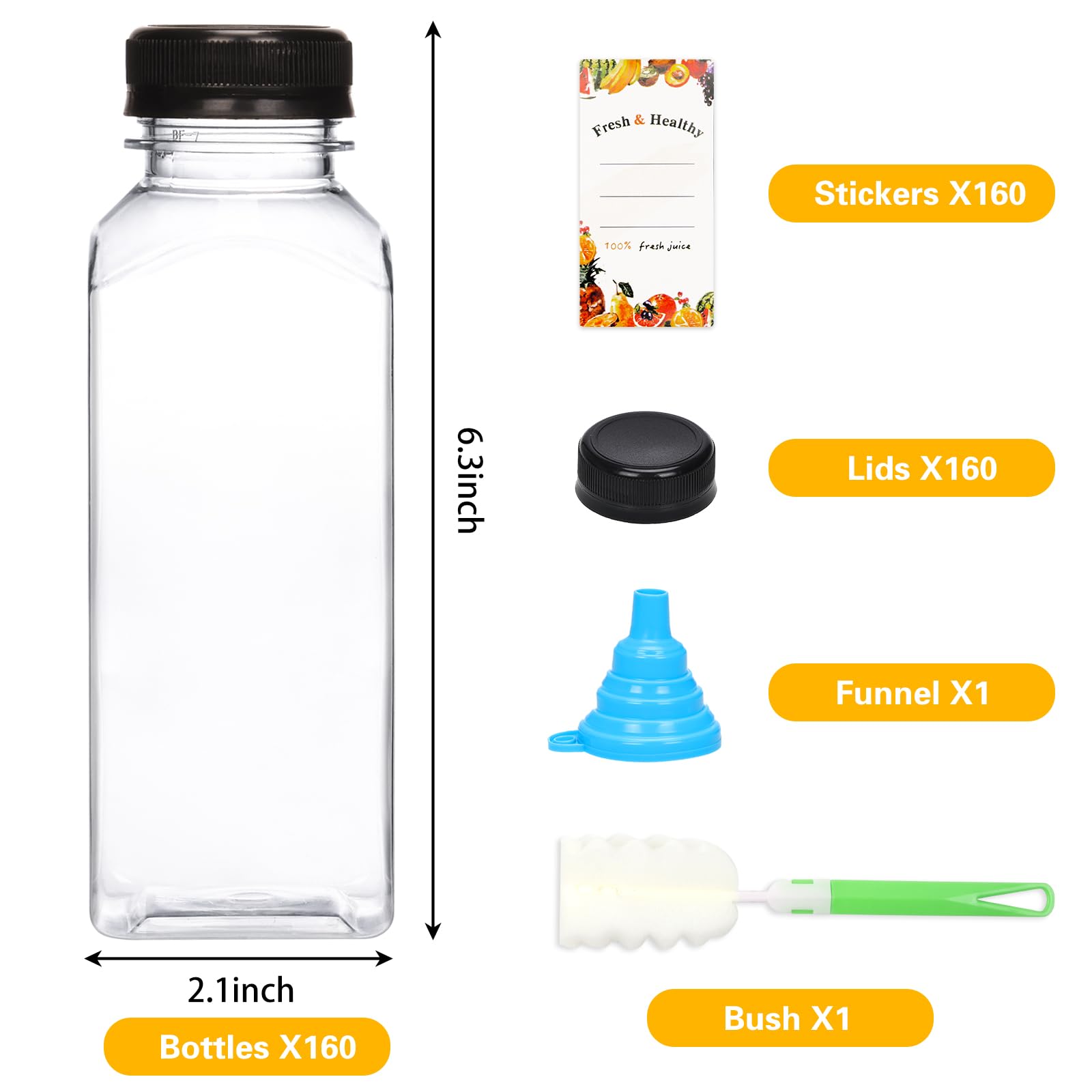 Moretoes 160pcs 12oz Clear Plastic Juice Bottles with Lids - Reusable Empty Bottles with Brush Funnel & Labels for Juicing, Smoothies, Cold Brew, Meal Prep & DIY Beverages - Perfect for Home, Cafe & Juice Bar Use