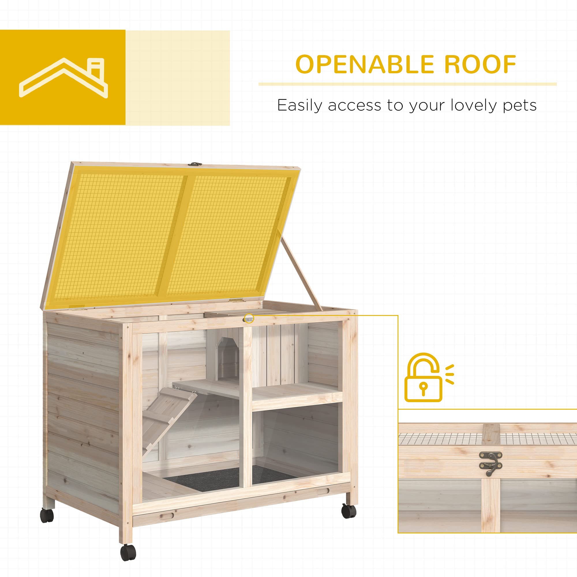 PawHut Wooden Rabbit Hutch with Wheels - Waterproof Bunny Cage with Removable Tray & Openable Roof - Indoor/Outdoor Small Animal House for Rabbits, Guinea Pigs - Perfect for Backyard, Garden or Patio Use