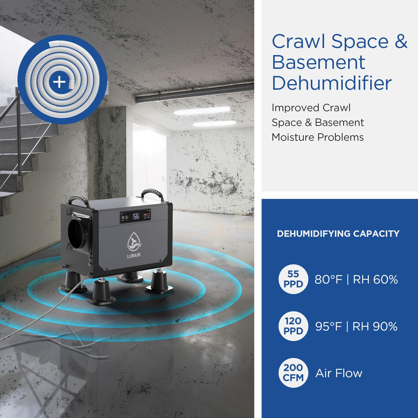 120 Pints Commercial Dehumidifier with Drain Hose - Heavy Duty Crawl Space & Basement Dehumidifier - Industrial Dehumidifier for Large Rooms & Whole House - Perfect for Warehouses, Home Basements, and Damp Areas