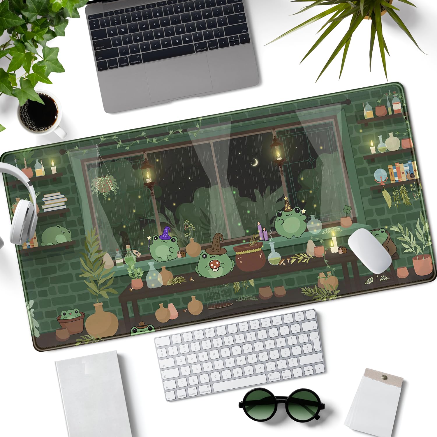 Kawaii Frog Mouse Pad - Large 31.5x15.7 Inch Cute Green Gaming Desk Mat with Stitched Edges for Computer Keyboard | Anime Office Accessories for Girls | Perfect for Home Office, Gaming Setup & School Workstation