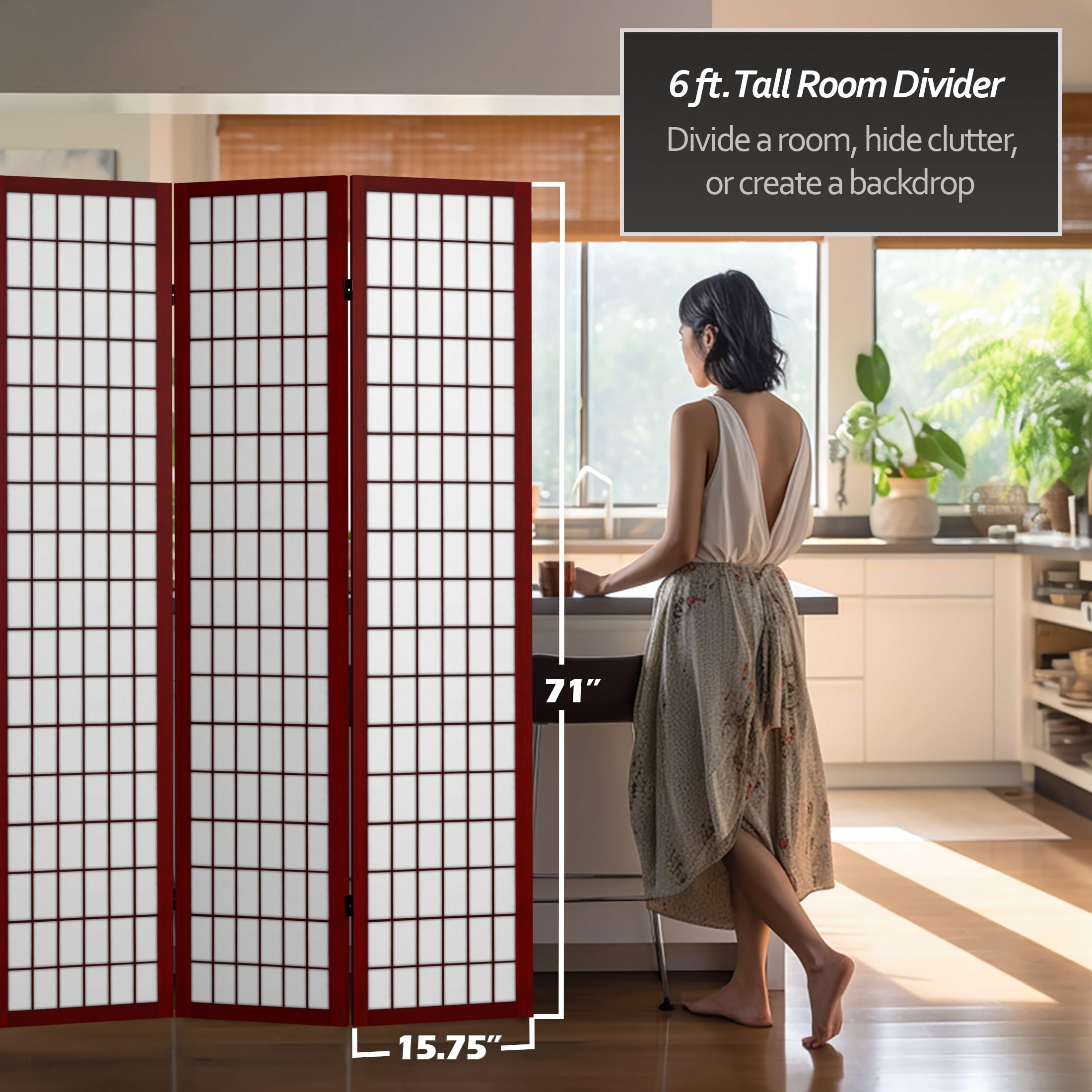 6 ft Tall Red Lantern Canvas Window Pane Rosewood Room Divider - 3 Panel Folding Privacy Screen for Living Room, Bedroom & Office Partition