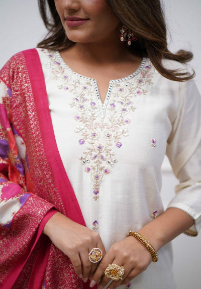 Elegant White Chanderi Embroidered Suit with Red Foil Print Dupatta - Traditional Indian Ethnic Wear for Weddings, Festivals & Special Occasions