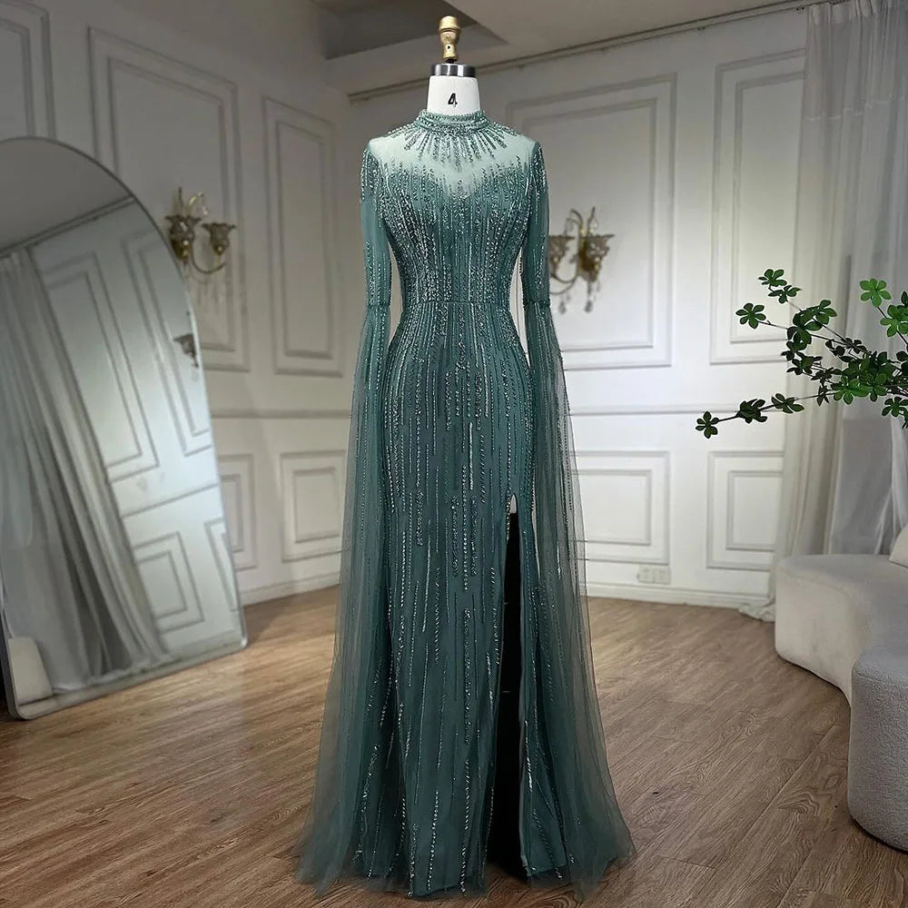 Elegant Arabic Turquoise Mermaid Evening Gown with Cape Sleeves & Beaded Split Design for Women - Perfect for Weddings, Parties & Special Occasions 2025 | LA72381
