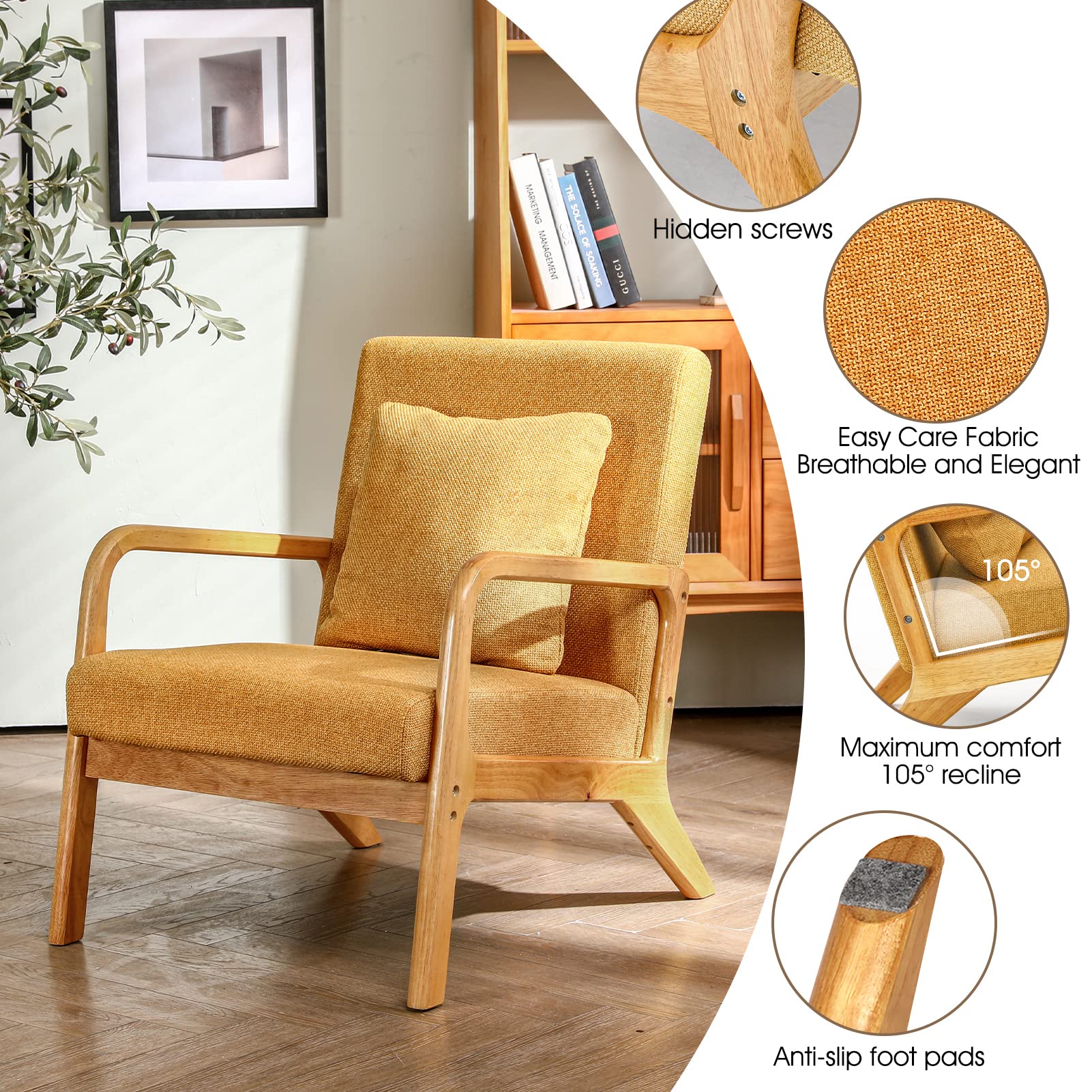 Mid-Century Modern Accent Chair - Upholstered Premium Linen Fabric Armchair with Solid Wood Frame Legs - Comfortable Living Room Lounge Chair for Bedroom, Office or Reading Nook (Yellow, 1 Piece) - Perfect for Small Spaces, Apartments and Cozy Home Decor