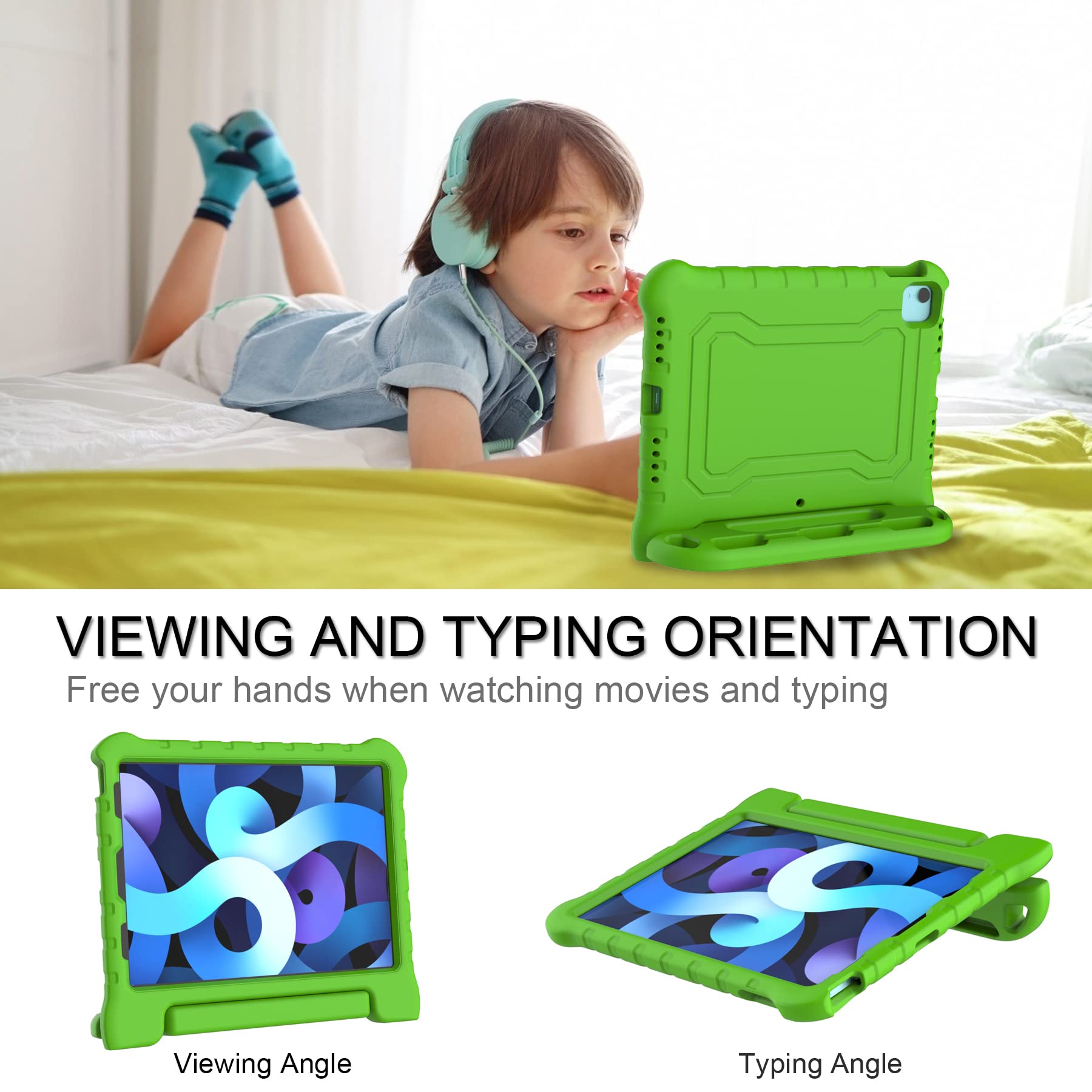 Shockproof Kids iPad Air 5th/4th Gen Case (10.9 inch 2022/2020) & iPad Pro 11 Case (2021/2020/2018) with Screen Protector & Pencil Holder - Green Protective Cover with Handle Stand for School, Travel & Home Use