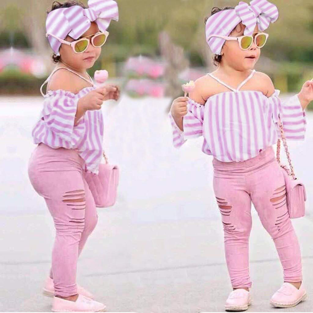Vintage Girls Outfit Set - Off Shoulder Striped Top, Ripped Jeans & Headband | Cute Casual Summer Outfits for Toddler Girls | Birthday Party, Photo Shoot, Playdate