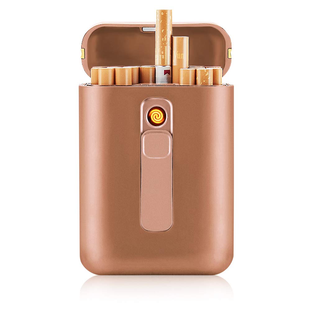 Premium King Size Cigarette Case with Built-in USB Rechargeable Flameless Lighter - Windproof Electric Lighter for 20 Regular Cigarettes - Portable 2-in-1 Smoking Accessory (Gold) - Perfect for Travel, Outdoor Activities & Nightlife
