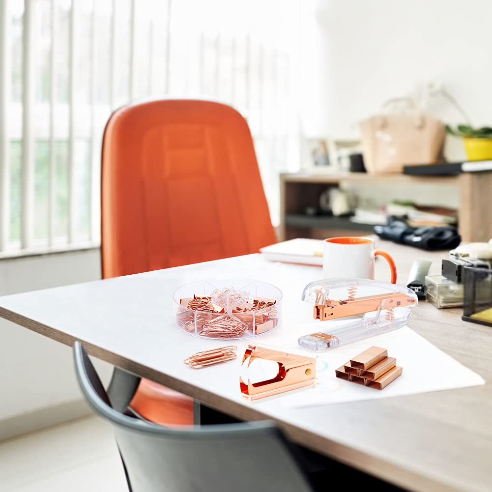 Rose Gold Office Supplies Desk Accessories Set - Acrylic Clear Stapler, Staple Remover, 1000 Staples, 72 Binder Clips & Paper Clips Push Pins - Perfect for Home, School & Office Organization (Great Gift Idea)