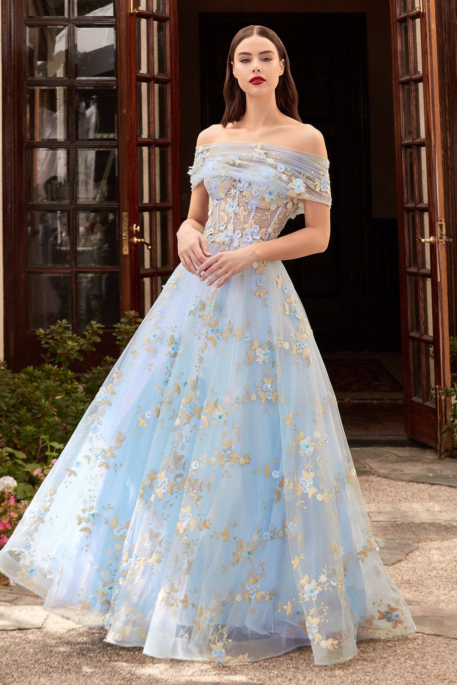 Cinderella Divine CD963 Off Shoulder Floral Tulle Blue Champagne Ball Gown - Elegant Prom Dress for Women, Perfect for Weddings, Parties & Special Occasions