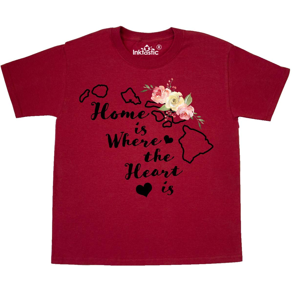 Inktastic Hawaii Home is Where The Heart is Watercolor Floral Youth T-Shirt | Cute Tropical Vacation Tee for Kids & Teens | Beach Day, Family Trip, Summer Outfit