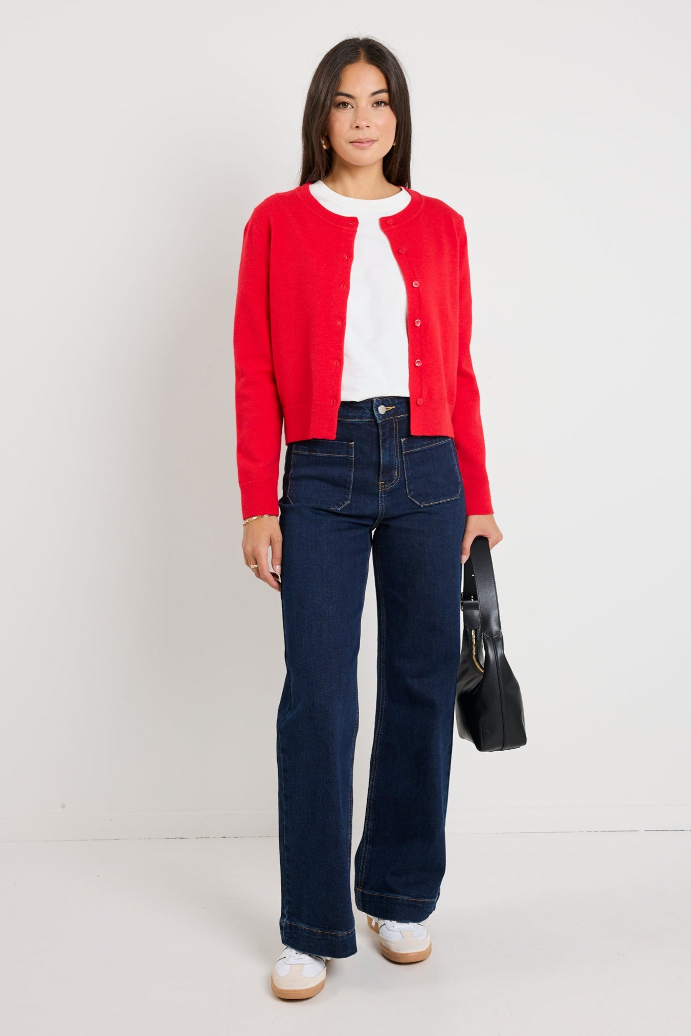 Premium Red Cashmere Blend Crewneck Cardigan for Women - Soft & Warm Knit Sweater - Perfect for Fall & Winter Outfits, Office Wear & Casual Chic