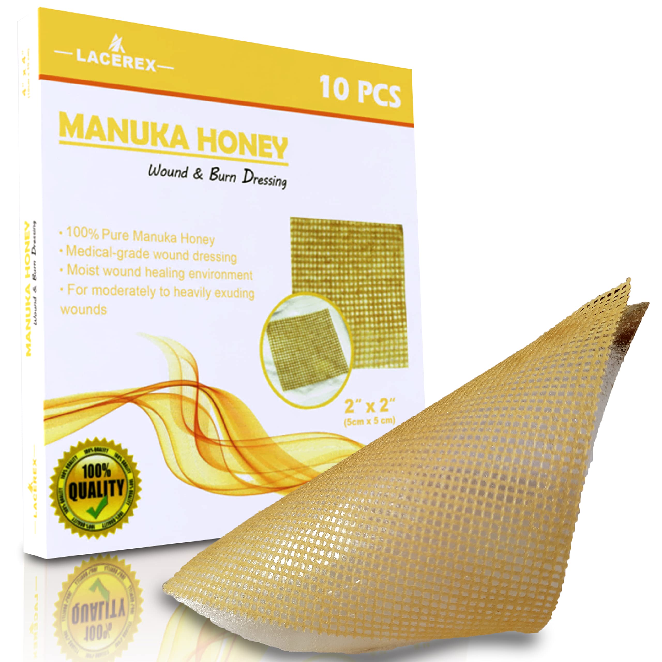 Manuka Honey Gauze Dressing - Medical Grade Wound Care Patches (10 Pack) for First Aid & Burns