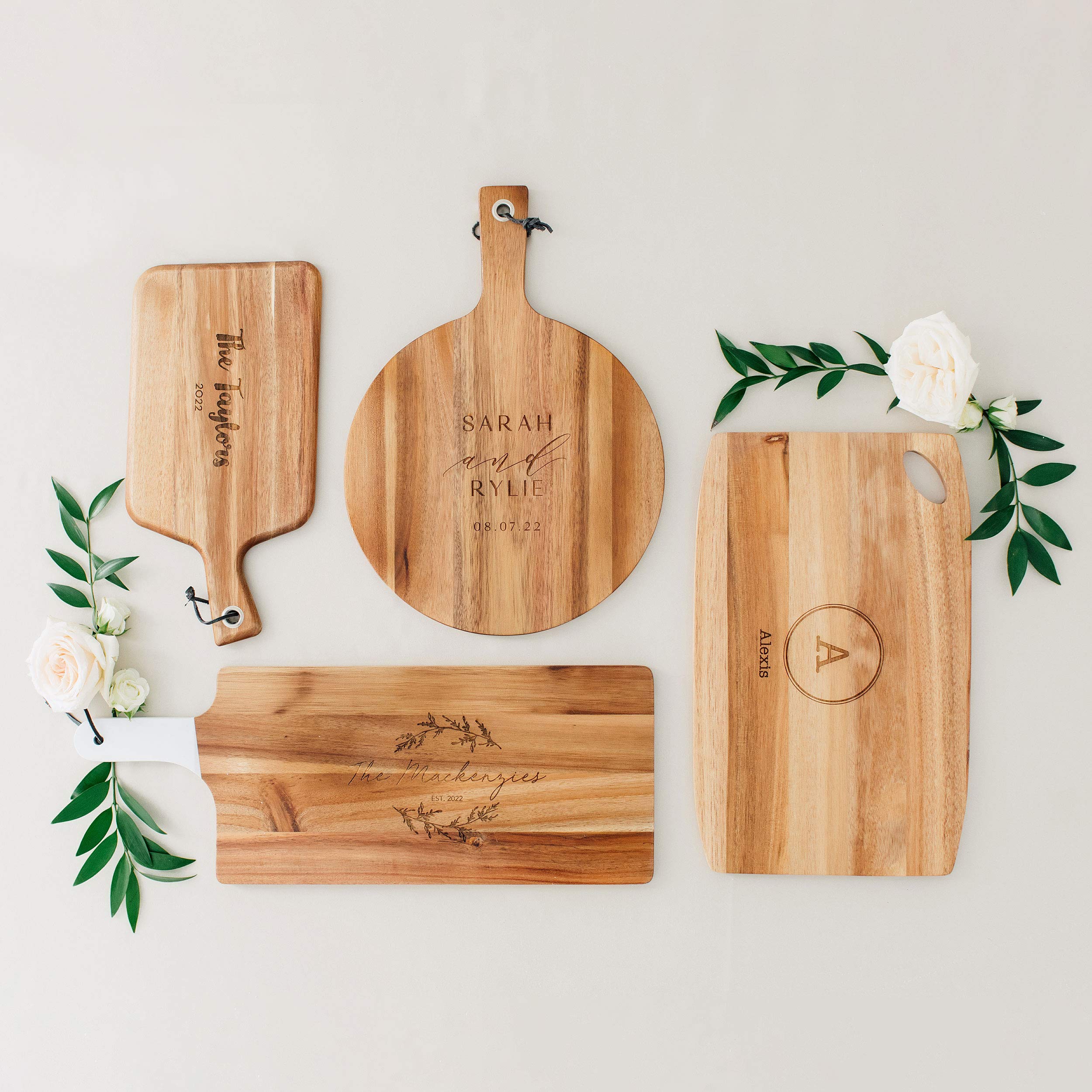Personalized Wooden Cutting Board with White Handle - Custom Signature Script Engraved - 7.8