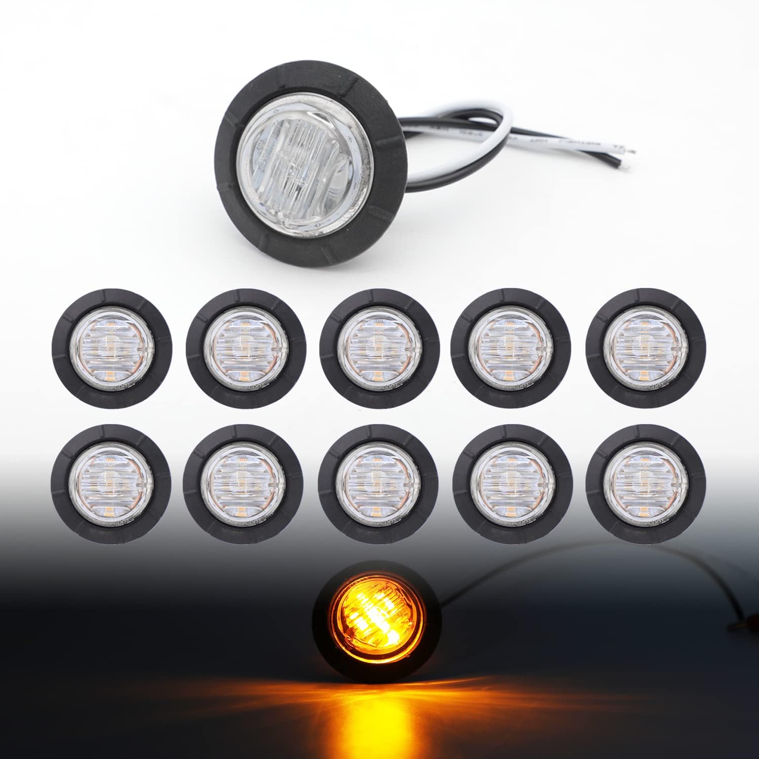 TMH 1-1/4 Inch Round 6 LED Bullet Clear Lens Amber Side Marker Lights - 12V DC Indicator & Clearance Lights for Trucks, Trailers, RVs, Buses, Mack, Dump Trucks & Pickups (10 Pack) - Perfect for Road Safety & Nighttime Visibility