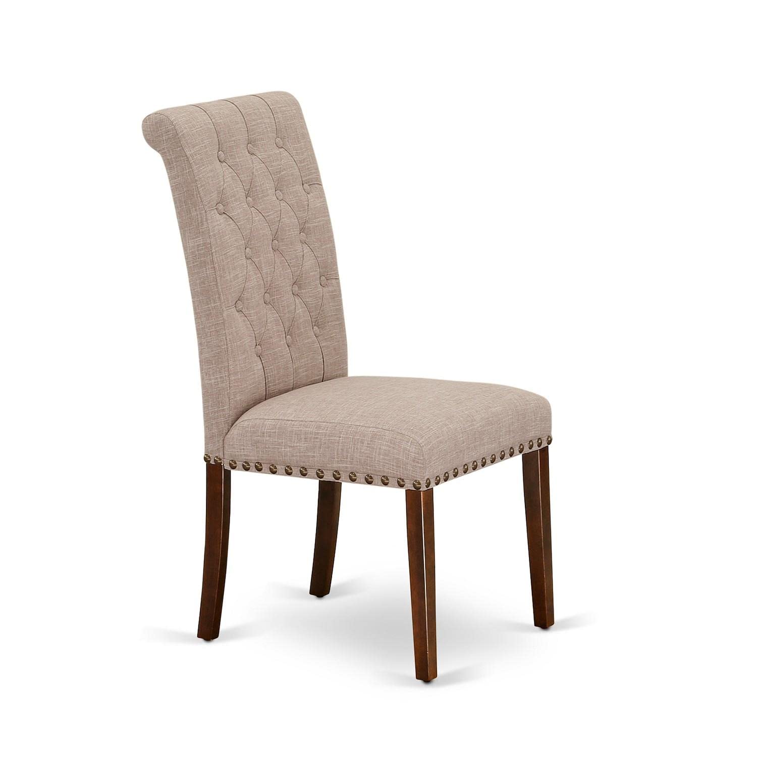 East West Furniture BRP3T04 Bremond Parson Dining Room Chairs - Set of 2 Button Tufted Nailhead Trim Light Tan Linen Fabric Padded Chairs with Mahogany Frame | Elegant Dining Room Seating for Home, Restaurant, or Office