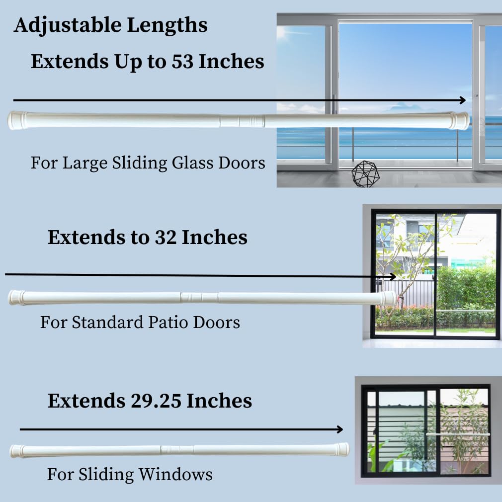 Evelots Adjustable Security Bar for Sliding Glass Doors - Heavy Duty Patio Door Lock with Rubber Ends (29.25-53 Inch) - Home Security for Windows, Porch & Entryways - Perfect for Apartments, Vacation Homes & Child Safety