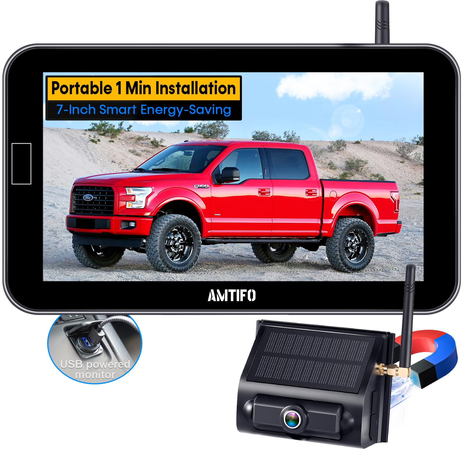 Solar Wireless Magnetic Backup Camera - 7'' Portable Rechargeable Reverse Camera with Monitor for Trucks, Trailers, RVs & Cars | Scratch-Proof, Energy-Saving, Zoom Feature | Perfect for Parking, Hitching & Safe Reversing