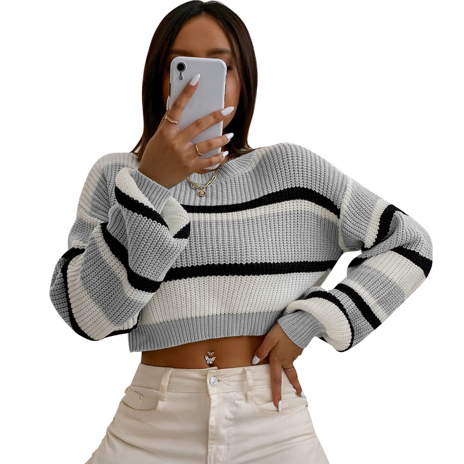 ZAFUL Women's Color Block Striped Cropped Sweater - Crew Neck Lantern Sleeve Loose Knit Top for Casual Wear | Perfect for Fall Outfits, Date Nights & Cozy Layering