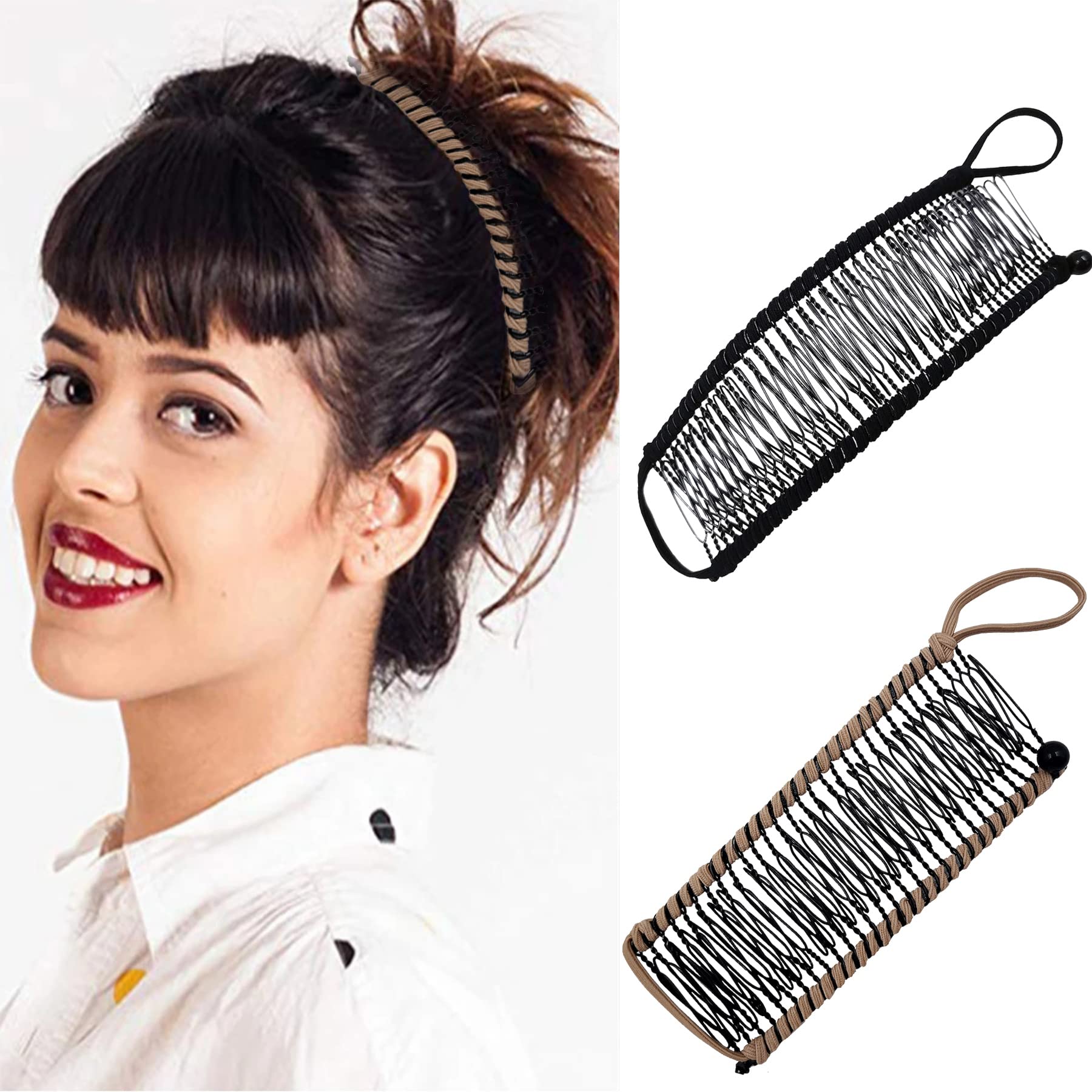 TANTAO 2-Pack Banana Hair Clips - 40 Teeth Large Non-Slip Stretchable Hair Clincher Combs for Thick Wavy Curly Hair - Vintage Hairpins for Women & Men (Black/Khaki) | Perfect for Styling, Braiding & Securing Natural Curls at Home or Salon