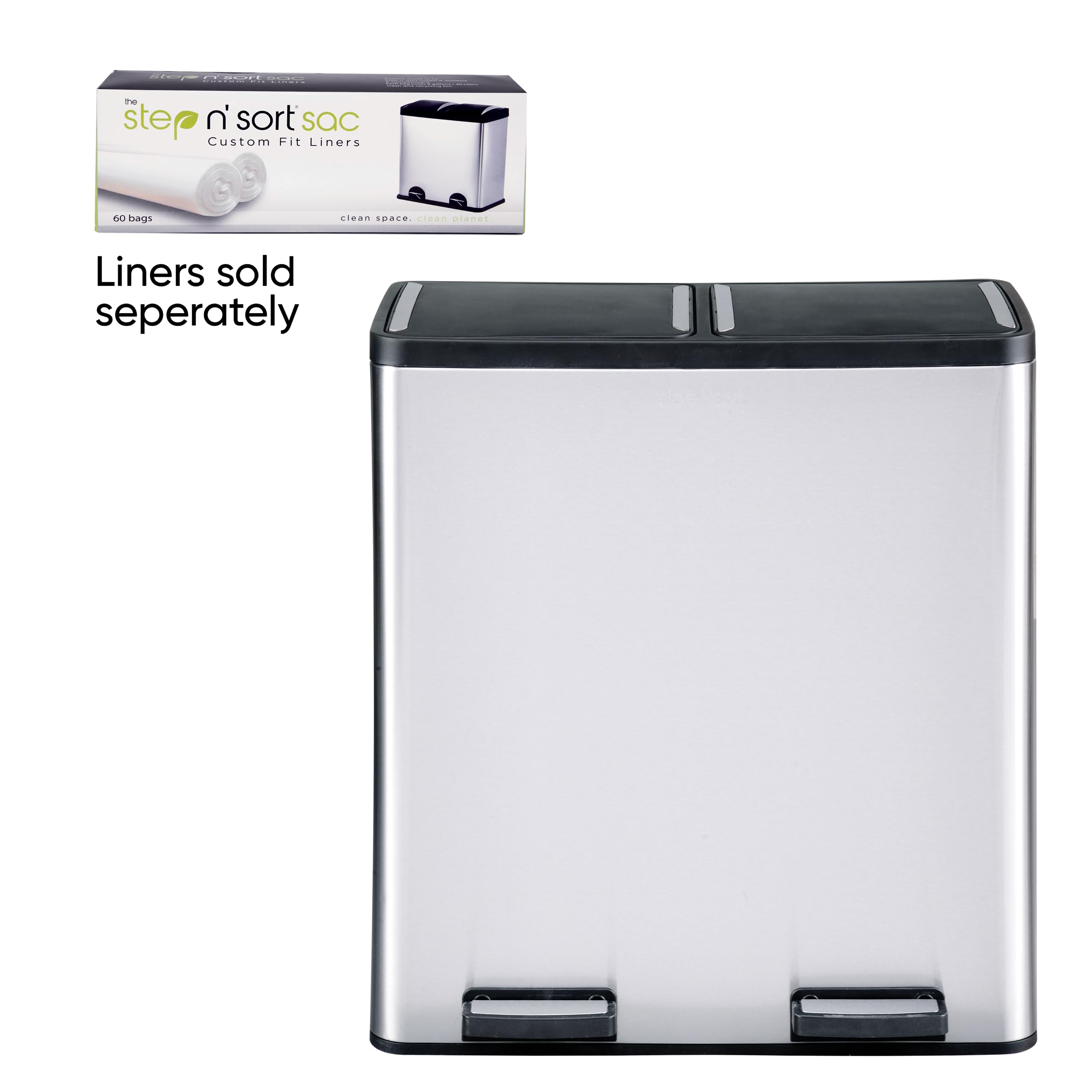 18.5 Gallon Step N' Sort Dual Trash & Recycling Bin - Extra Large Capacity, Soft-Step Design, Removable Inner Bins, Silver - Perfect for Kitchen, Office & Eco-Friendly Waste Sorting