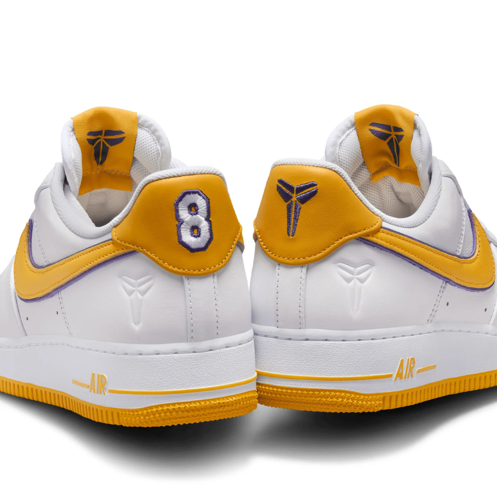 Nike Air Force 1 Low Retro QS Kobe Bryant Lakers Home Sneakers - White, Varsity Maize & Purple Basketball Shoes for Men | Perfect for NBA Games, Streetwear & Sneaker Collection