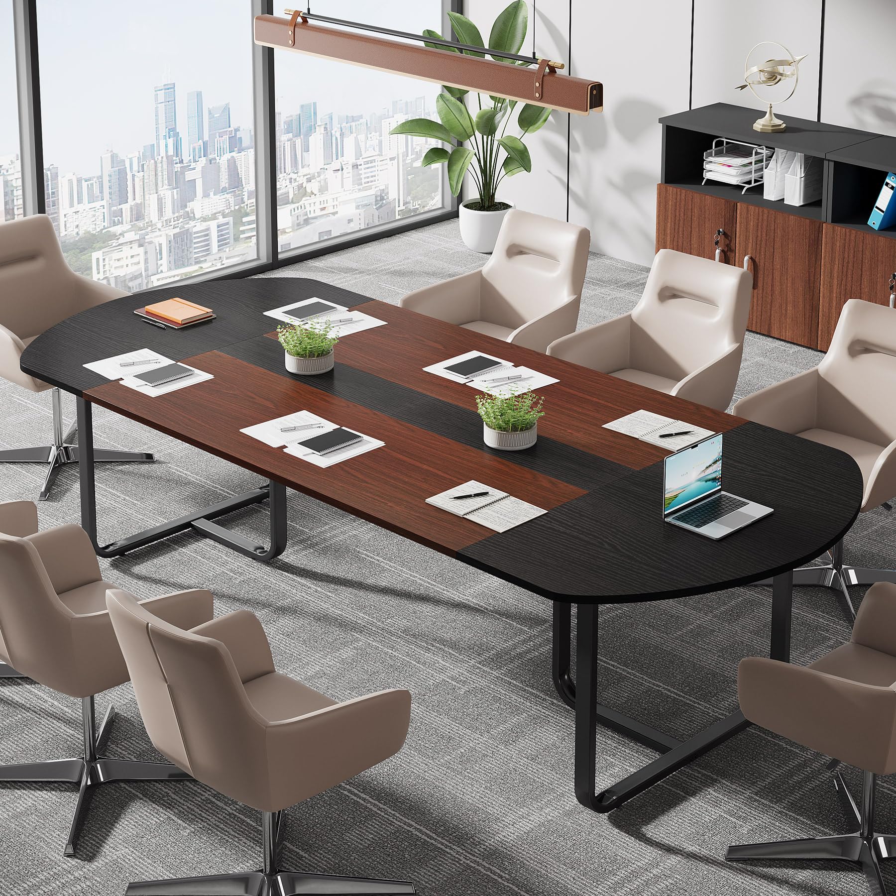 Tribesigns 6FT Modern Oval Conference Table - Walnut & Black Large Meeting Room Table for Office, Seminar & Team Collaboration | Perfect for Boardrooms, Training Sessions & Professional Workspaces