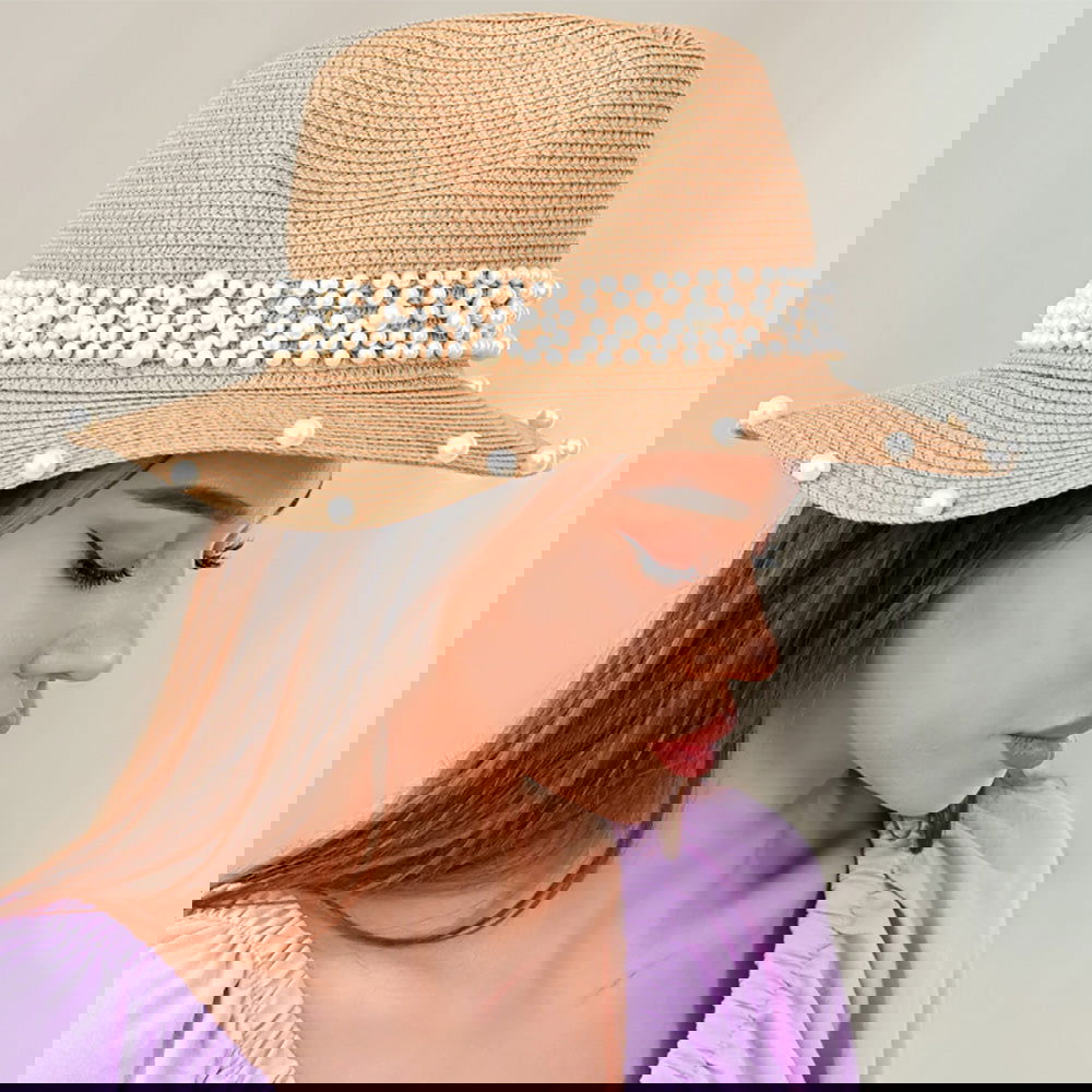 Stylish Pearl Embellished Khaki Fedora Sun Hat for Women - Summer Beach Hat with UV Protection, Fashionable Wide Brim Hat for Outdoor, Travel, and Wedding Events