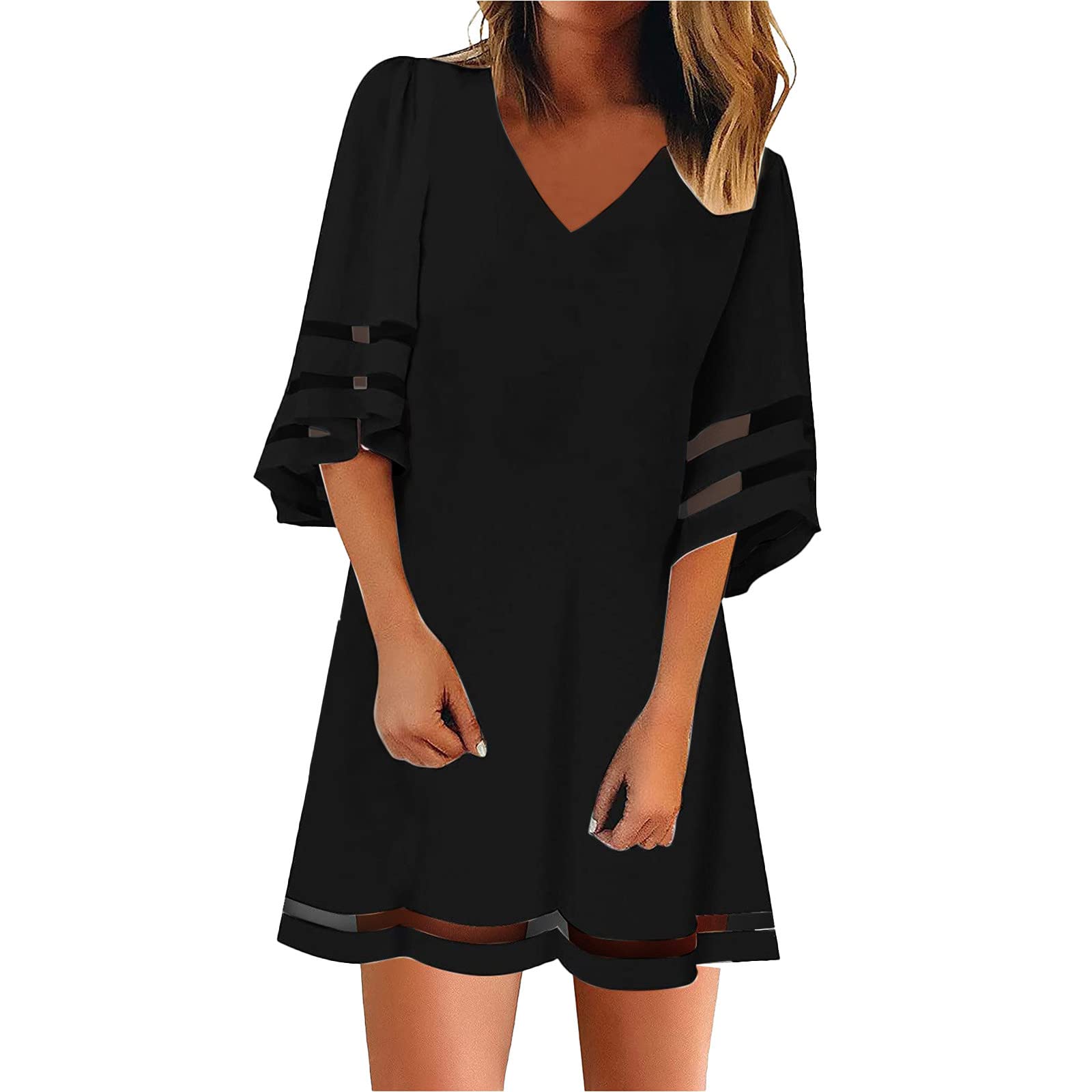 Women's Casual Summer Dress - V-Neck Solid Color Midi Dress with 3/4 Sleeves | Breathable & Comfortable for Beach, Vacation, and Everyday Wear