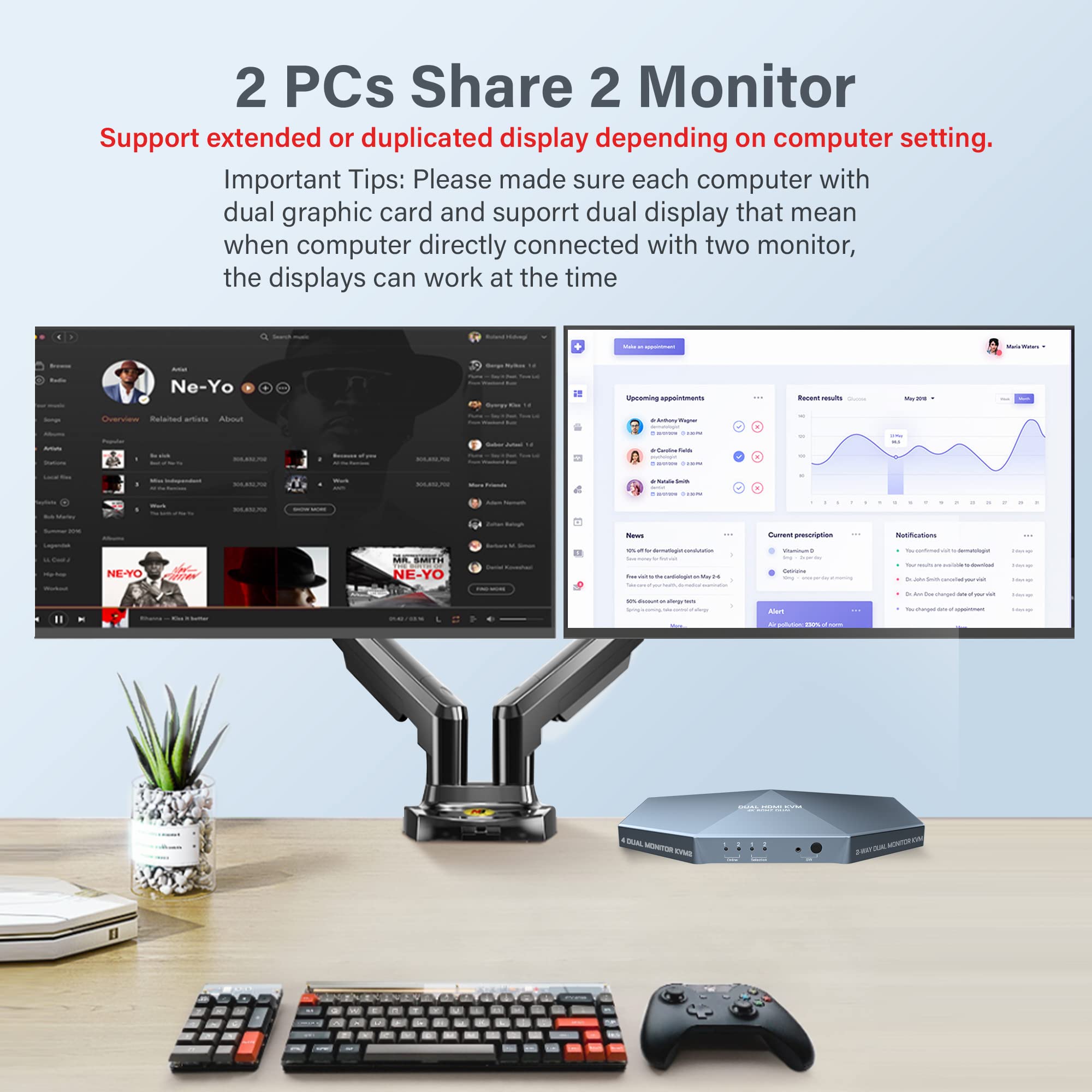 2-Port Dual Monitor KVM Switch 4K@60Hz HDMI 4x2 - HDCP 2.2 Compatible for 2 Computers & 2 Displays | Perfect for Home Office, Gaming Setup & Multi-Tasking Workspaces