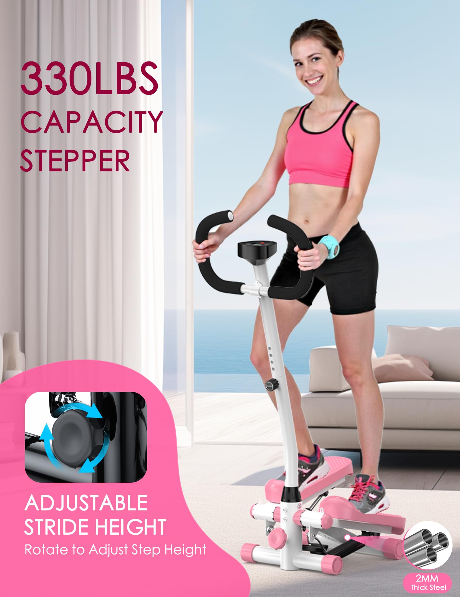 Mini Steppers for Home Workout - Pink Stair Stepper with Handlebar & Resistance Bands, 330 lb Capacity - Compact Exercise Machine for Cardio, Leg Toning & Indoor Fitness - Perfect for Small Spaces, Office or Apartment Workouts