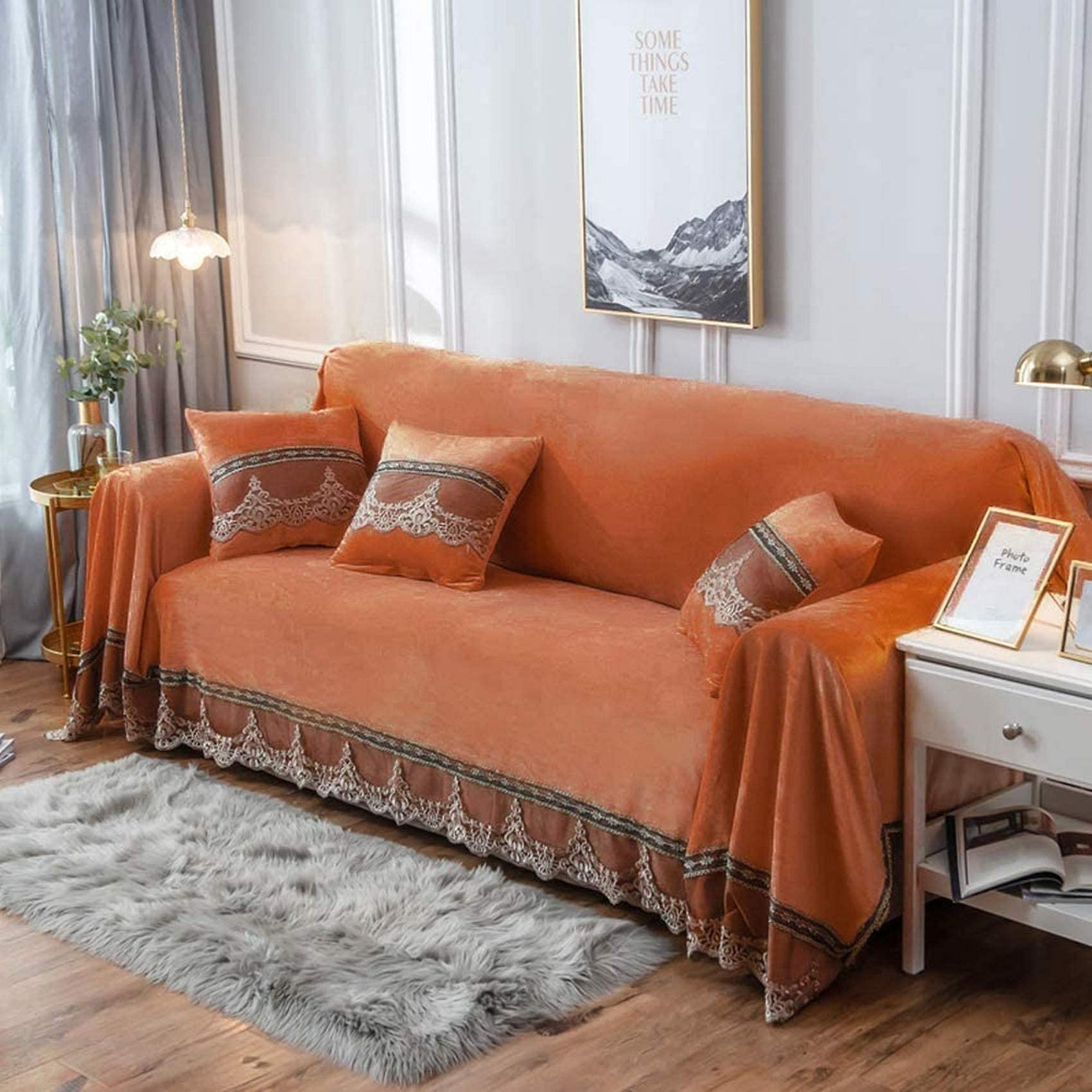 Luxury Velvet Sofa Cover for 3 Cushion Couch - 1 Piece Stretchable Furniture Protector Slipcover (200x260cm/79x102in) in Elegant Orange - Perfect for Living Room, Sectional Sofa, Loveseat & Recliner Protection
