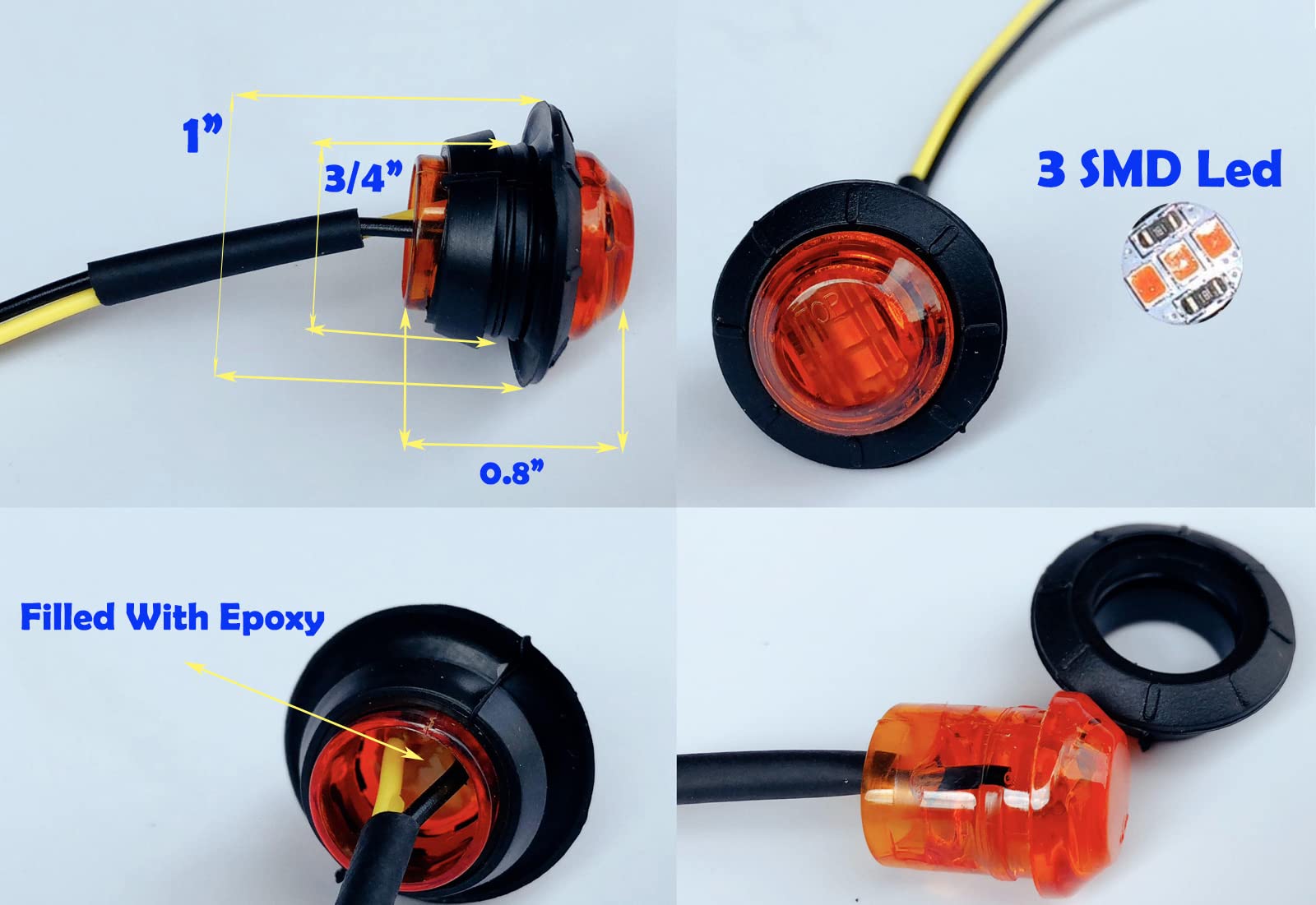 50Pcs Amber 3-LED 12V 3/4