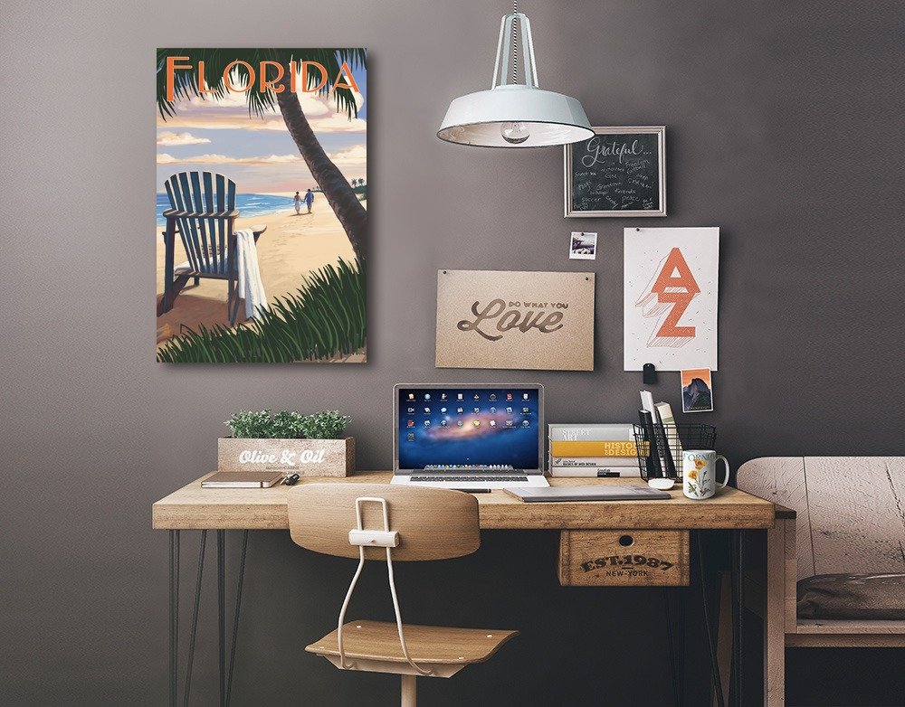 Lantern Press Florida Wall Art - Adirondack Chairs Sunset Painting on 16x24 Wrapped Canvas - Beach House Decor, Coastal Living Room Artwork for Home & Office