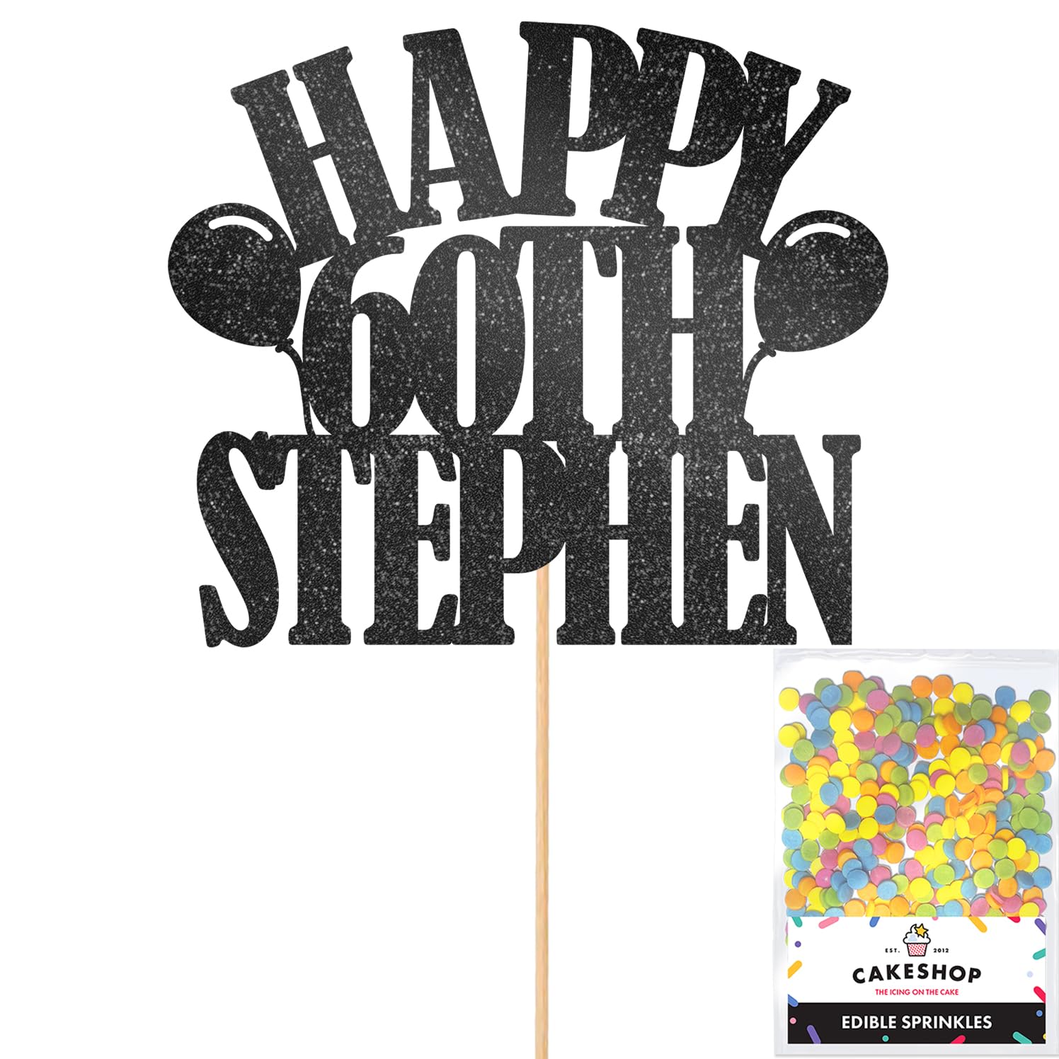 Personalized Happy Birthday Glitter Cake Topper with Balloons - Custom Name & Age Cake Decoration for Birthday Parties, Weddings & Special Events - Black Glitter Cake Decor with Sprinkles - Perfect for Cakes, Cupcakes & Desserts by Cakeshop