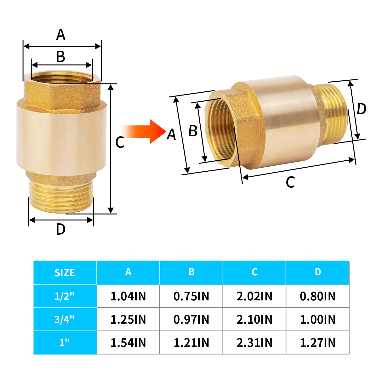 Brass In-Line Spring Check Valve 3/4
