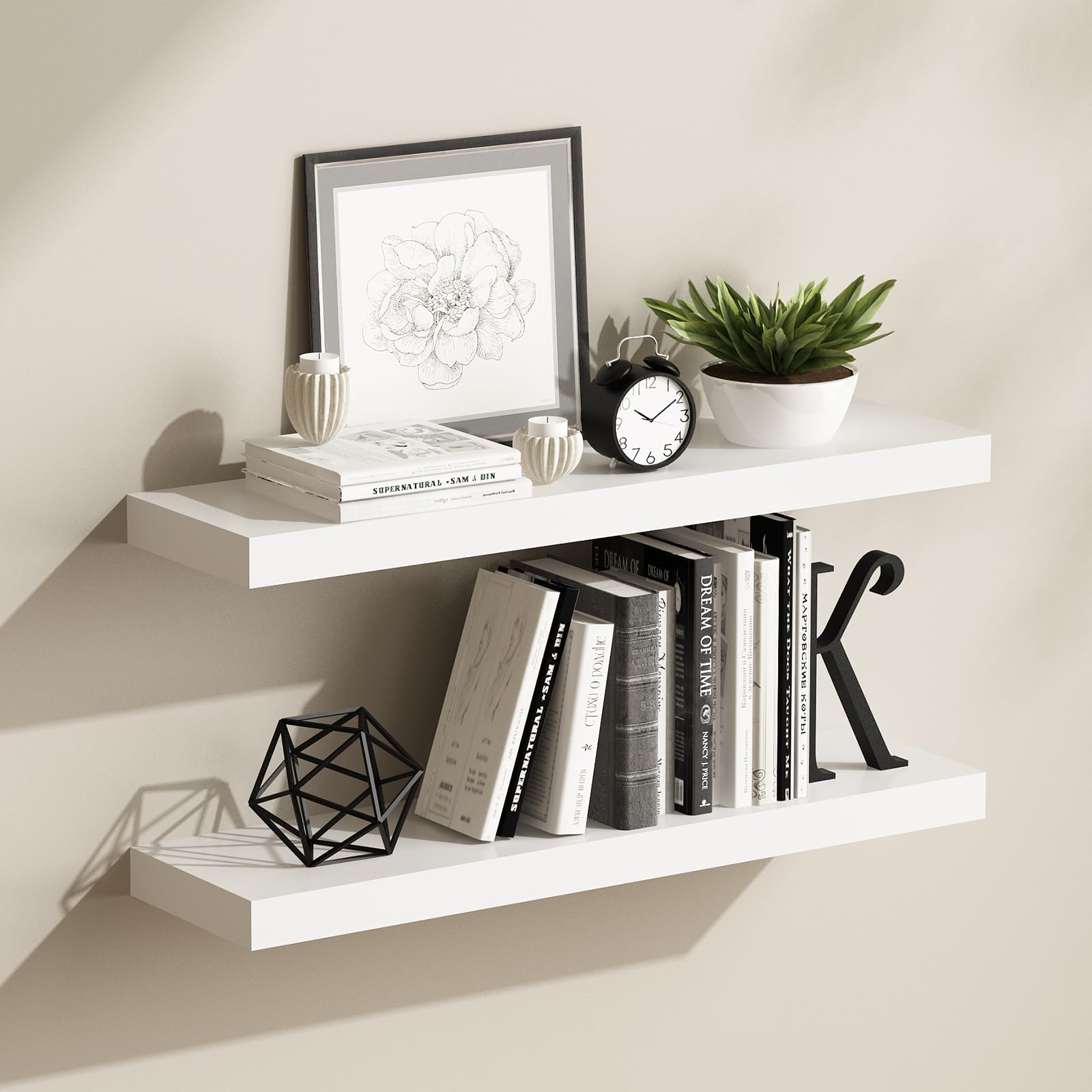 RANK Floating Shelves 2 Pack - Modern Wall Mounted Display Shelves for Home Decor - White Wooden Shelves (35.5