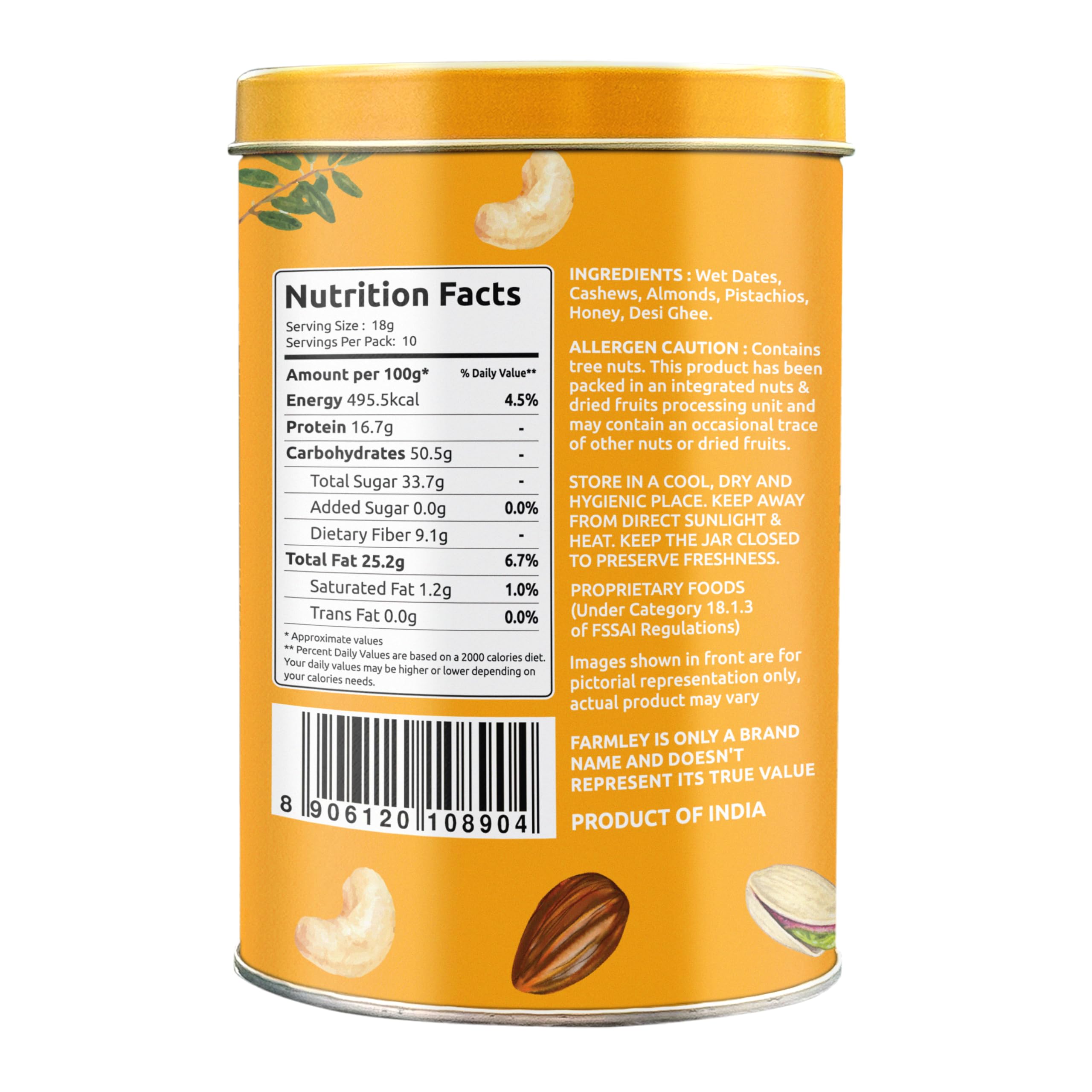 Farmley Classic Date Bites 180/200g (Pack of 1) - Healthy Snack Made with Dates, Pistachios, Cashews, Almonds, Honey & Pure Ghee | Gluten-Free, No Added Sugar | Perfect for Energy Boost, Office Snacks & Healthy Desserts