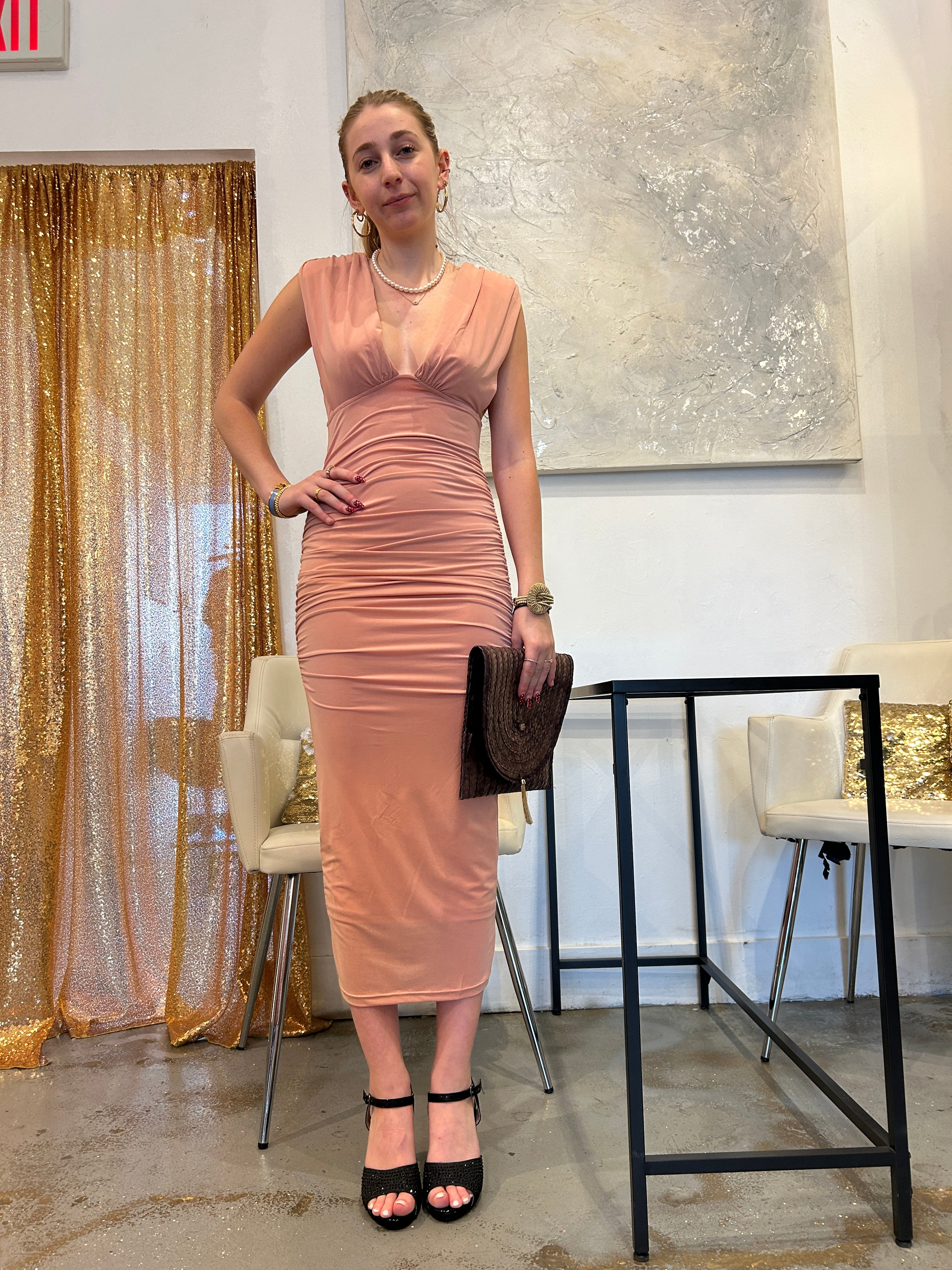 Sculpted Elegance Midi Dress in Blush Pink - Flattering Bodycon Style for Women, Perfect for Cocktail Parties, Date Nights & Special Occasions
