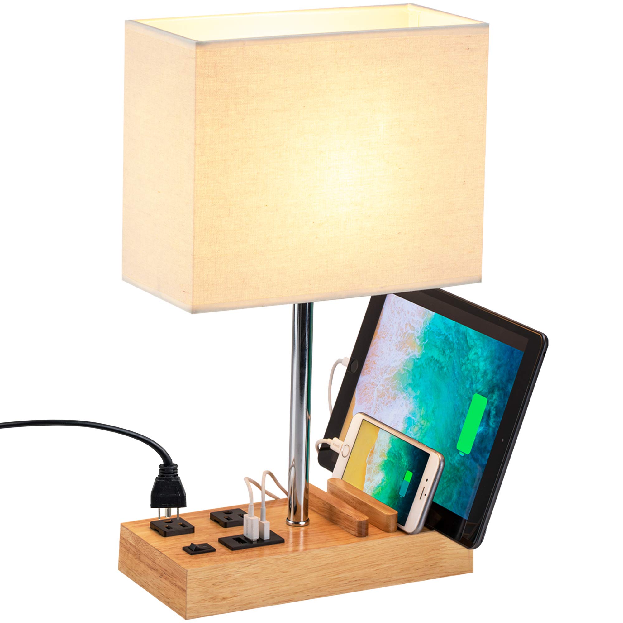 Dreamholder Modern Desk Lamp with 3 USB Ports & 2 AC Outlets - Wooden Base Table Lamp with Phone Stands & Cream Linen Shade - Perfect for Home Office, Bedroom Nightstand, and Study Room Lighting