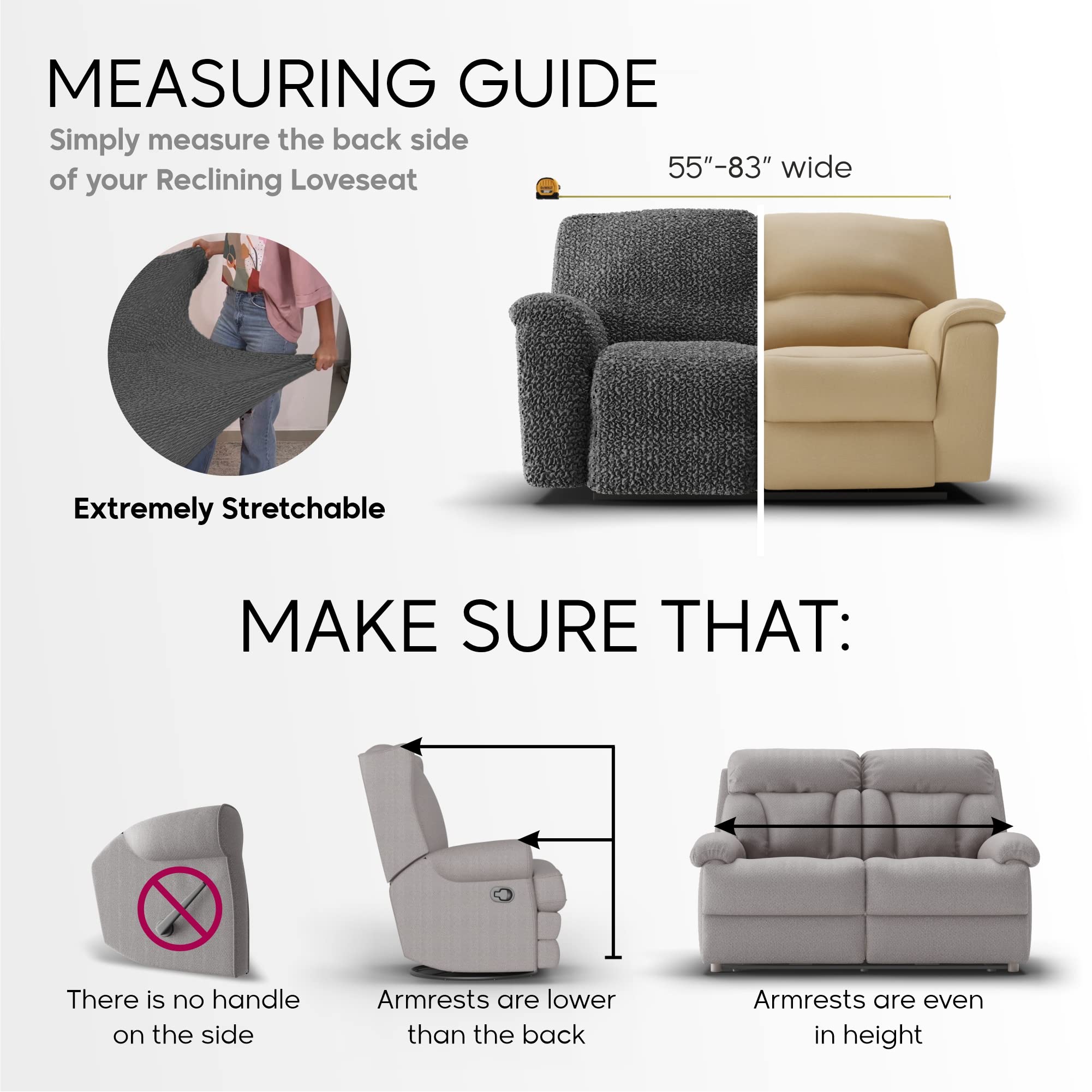 PAULATO BY GA.I.CO. 2-Seater Recliner Loveseat Cover - Soft Stretch Polyester Slipcover for Reclining Sofas - Form-Fit 1-Piece Furniture Protector in Velvet Ivory - Perfect for Living Room, Home Theater & Family Room Protection