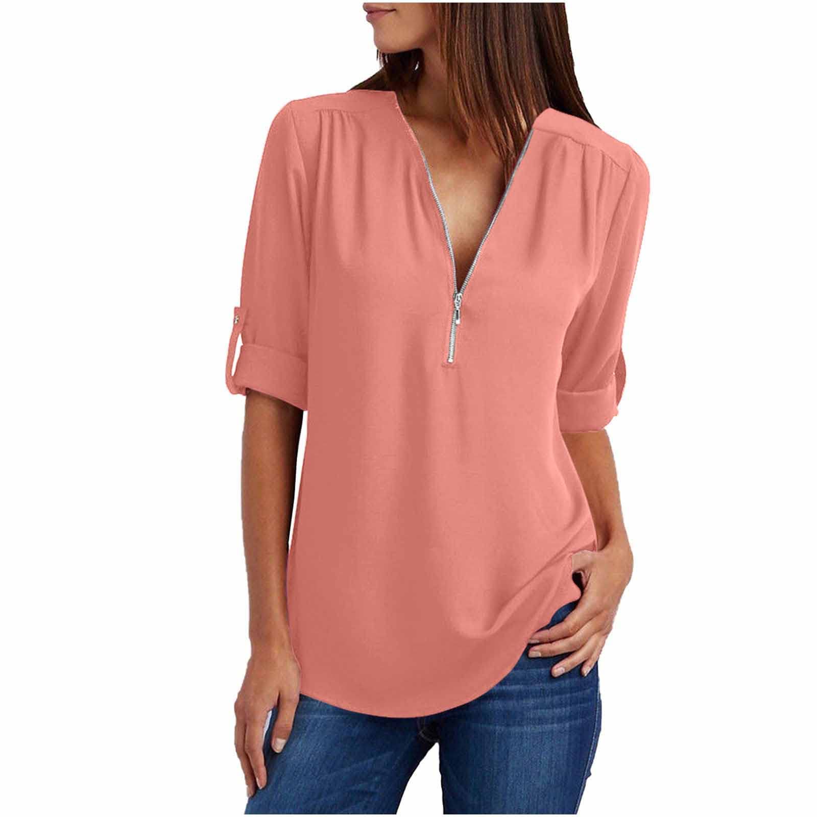 Trendy 2022 Summer Women's Blouses - Casual V-Neck Zipper Tunic Tops for Plus Size Ladies | Perfect for Office Wear, Date Nights & Weekend Outings