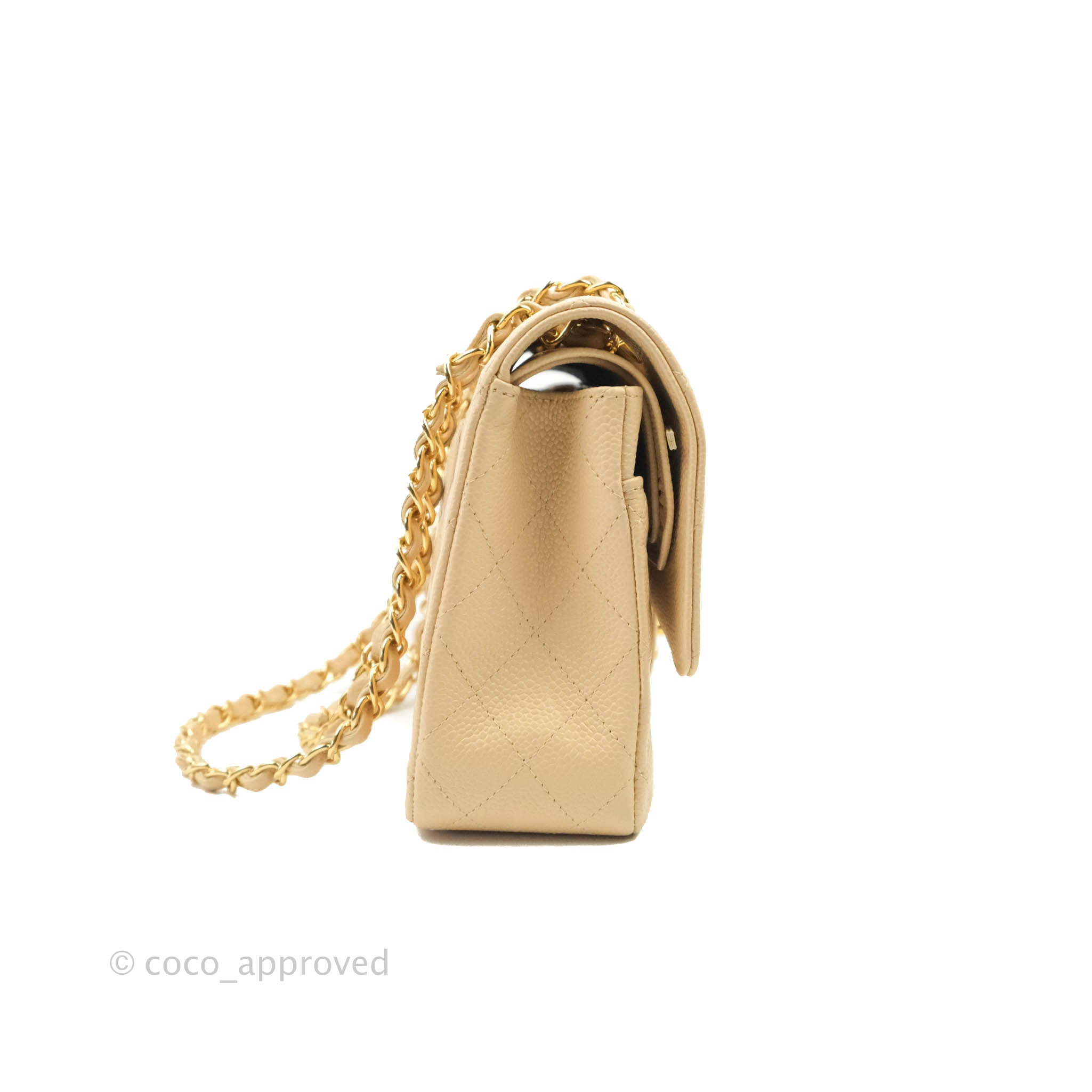 Chanel Classic Medium Double Flap Bag Quilted Beige Caviar Leather with Gold Hardware - Luxury Designer Handbag for Women, Perfect for Work, Date Night & Special Occasions